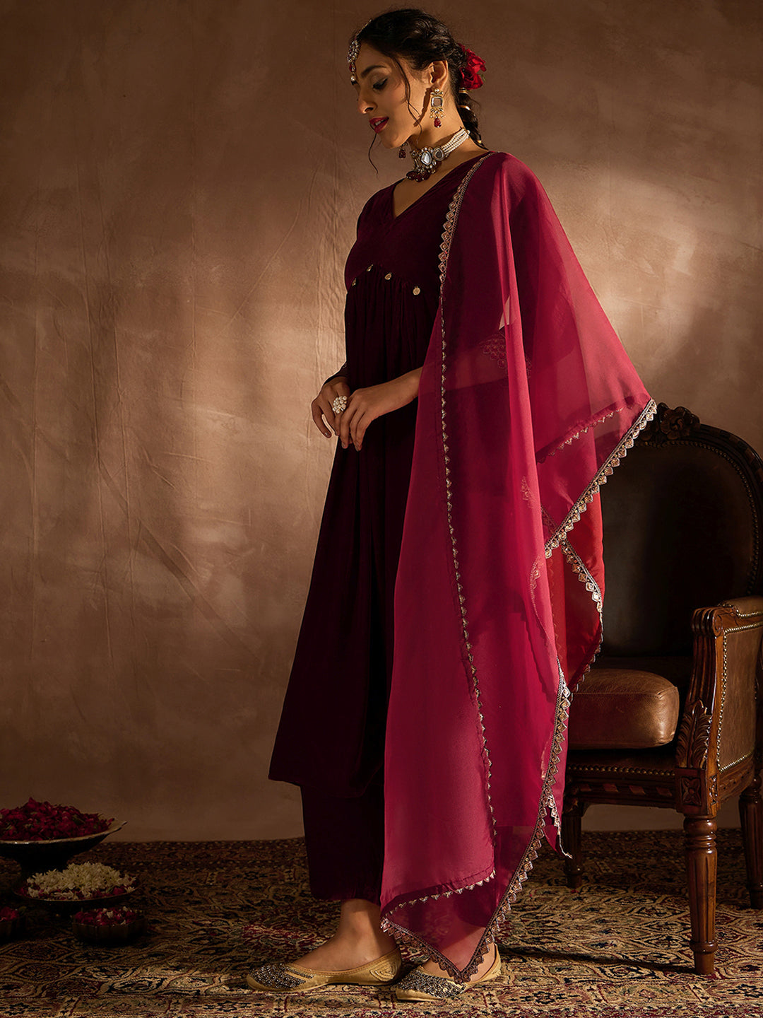 IE Maroon Solid A-Line Kurta Trousers With Dupatta set