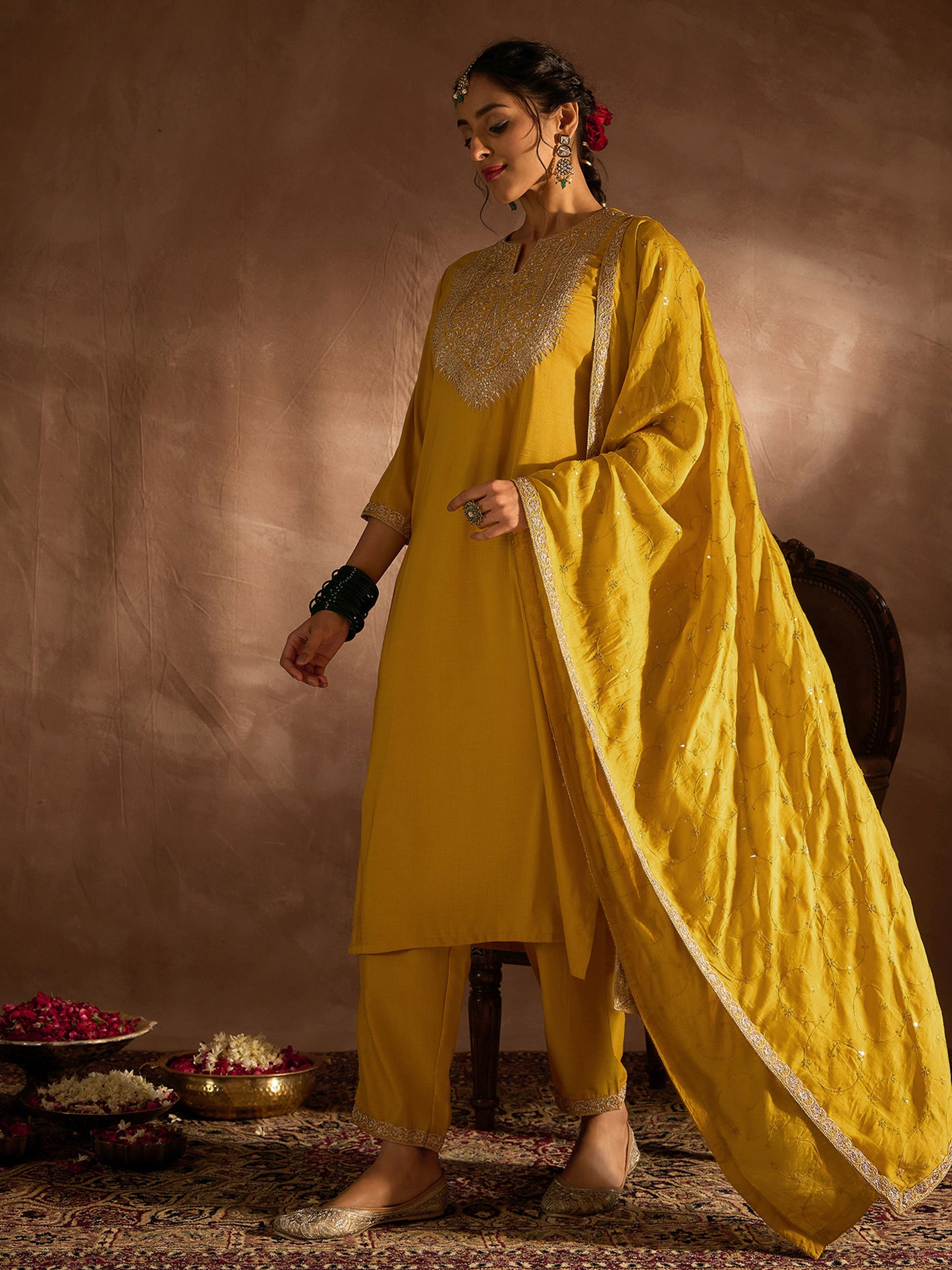 IE Yellow Embroidered Straight Kurta Trousers With Dupatta set