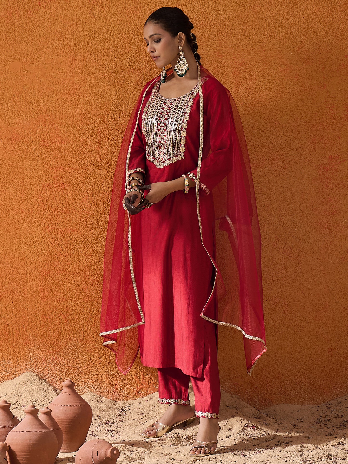 IE Red Embroidered Straight Kurta Trousers With Dupatta set