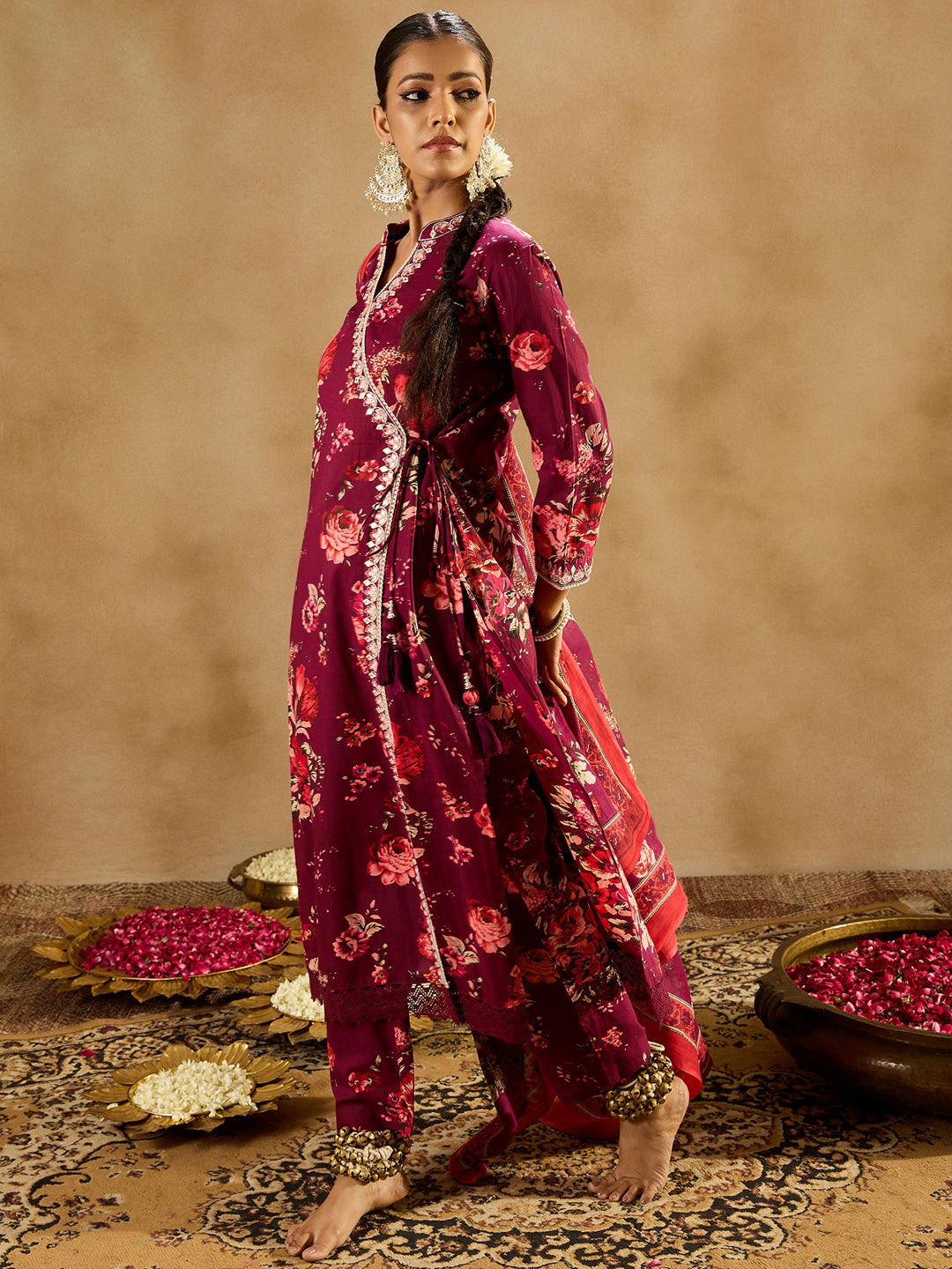 IE Burgundy Printed Straight Kurta Trousers With Dupatta set