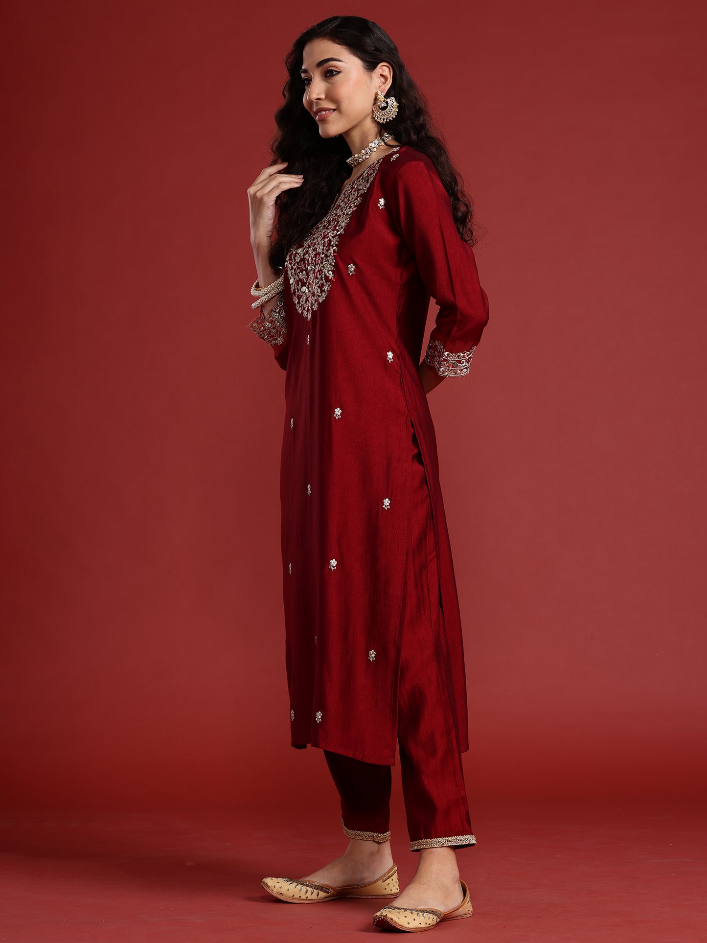 IE Maroon Embroidered Straight Kurta Trousers With Dupatta set