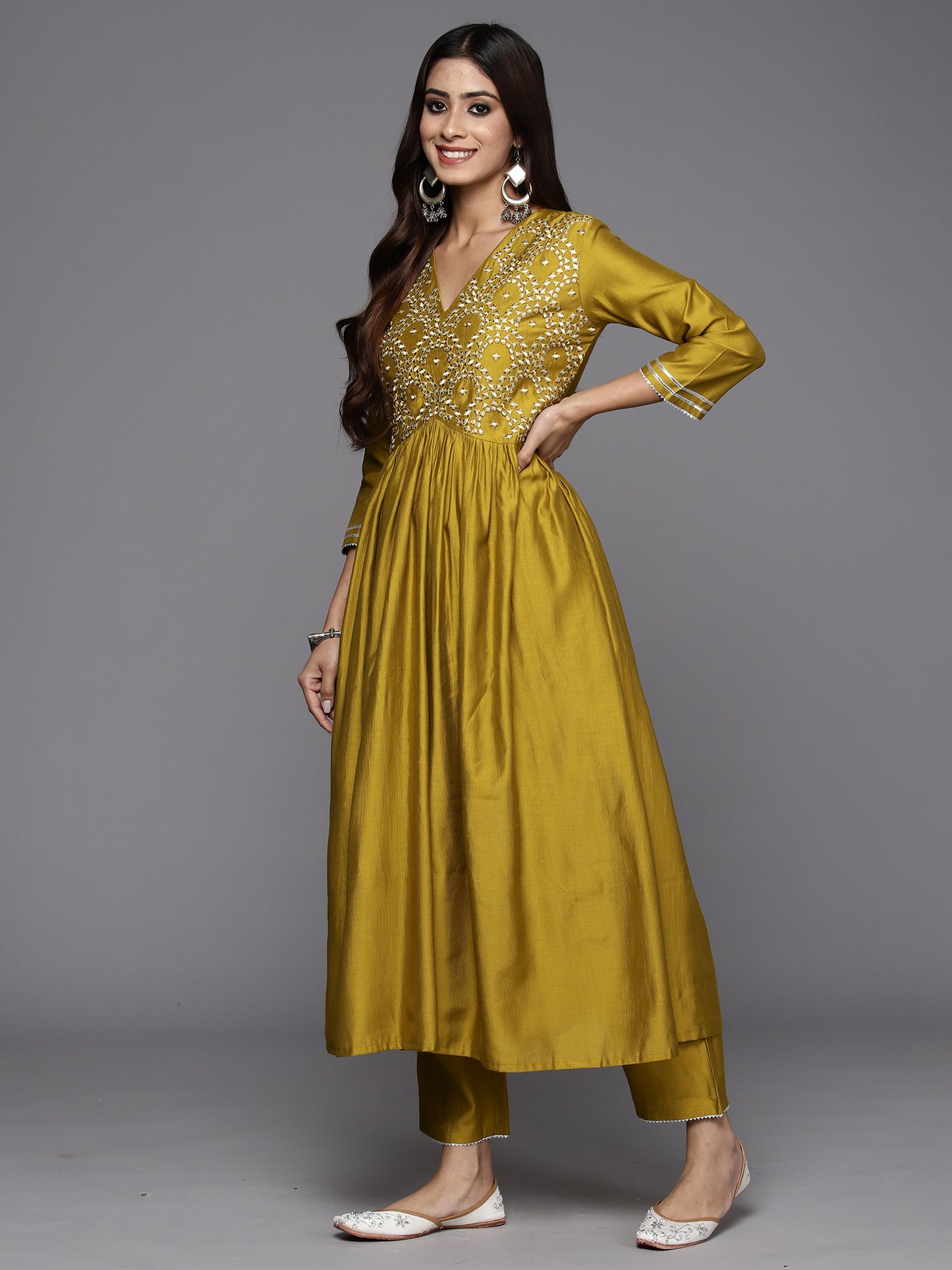 IE Olive Embroidered A-Line Kurta Trousers With Dupatta Set