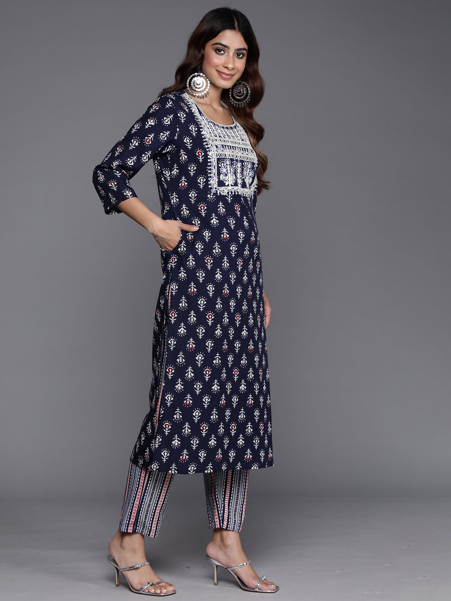 IE Navy Blue Printed Straight Kurta Trousers With Dupatta Set