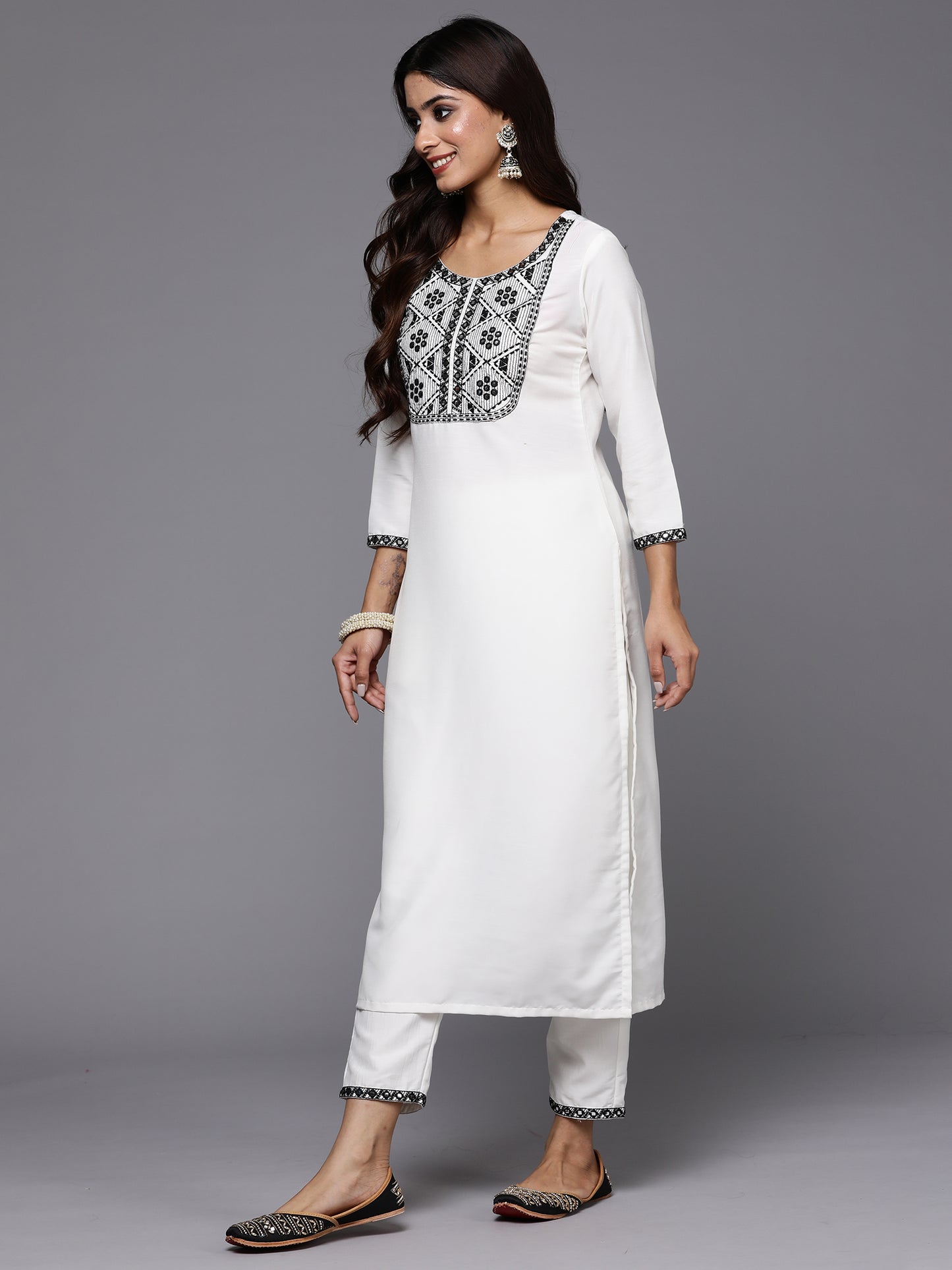 IE White Embroidered Straight Kurta Trousers With Dupatta Set