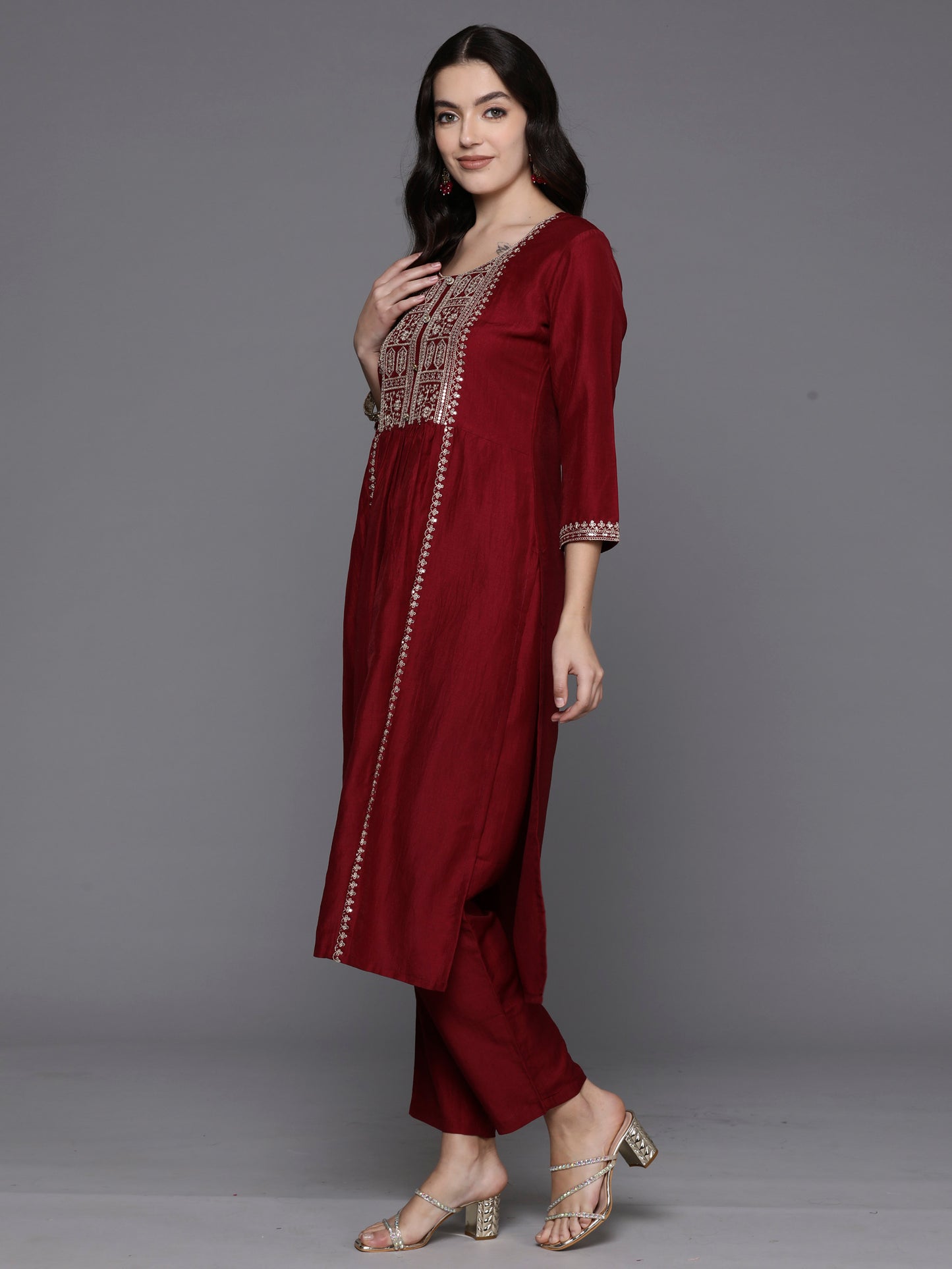 IE Maroon Embroidered Straight Kurta Trousers With Dupatta Set