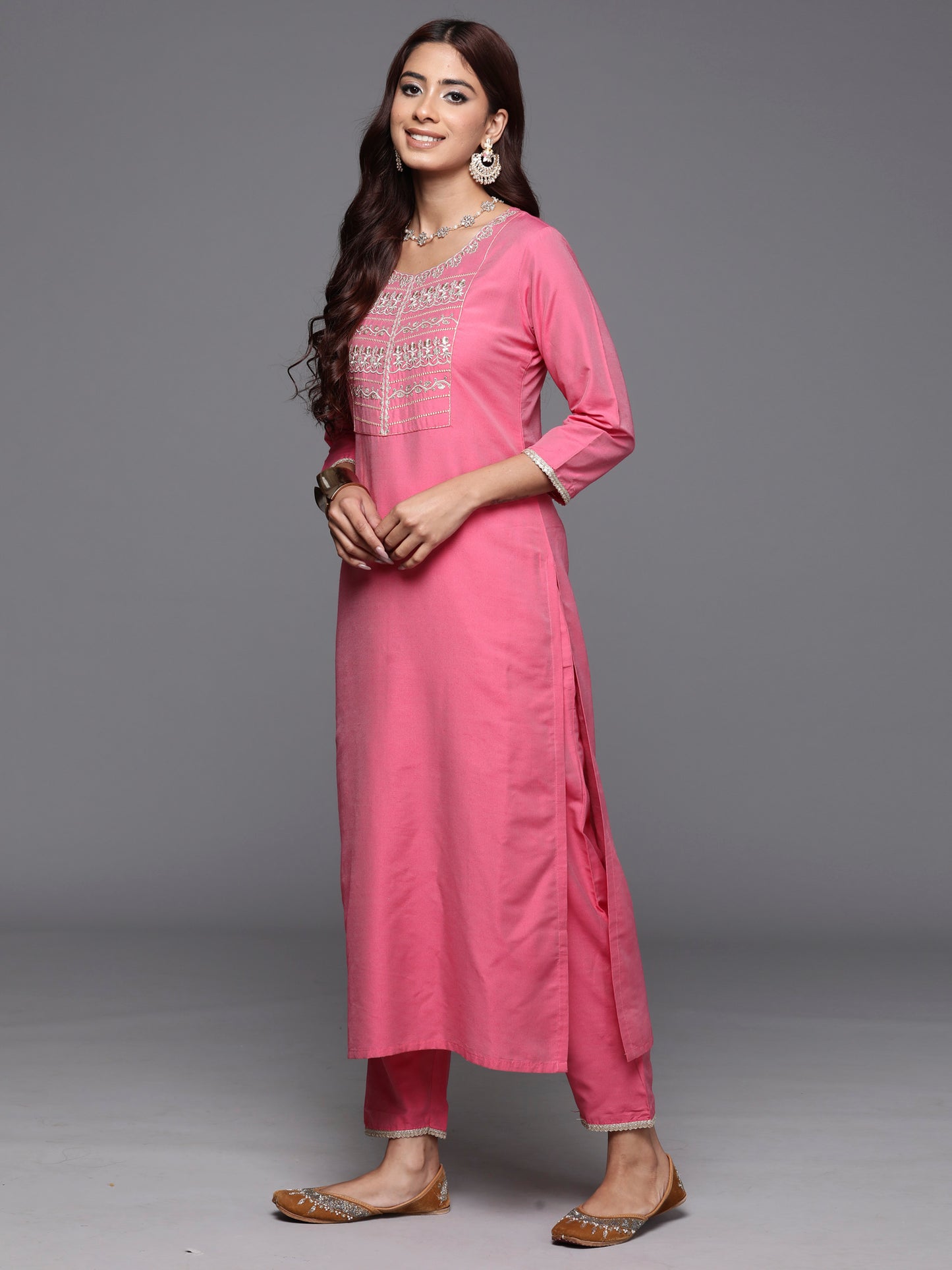 IE Pink Embroidered Straight Kurta Trousers With Dupatta Set