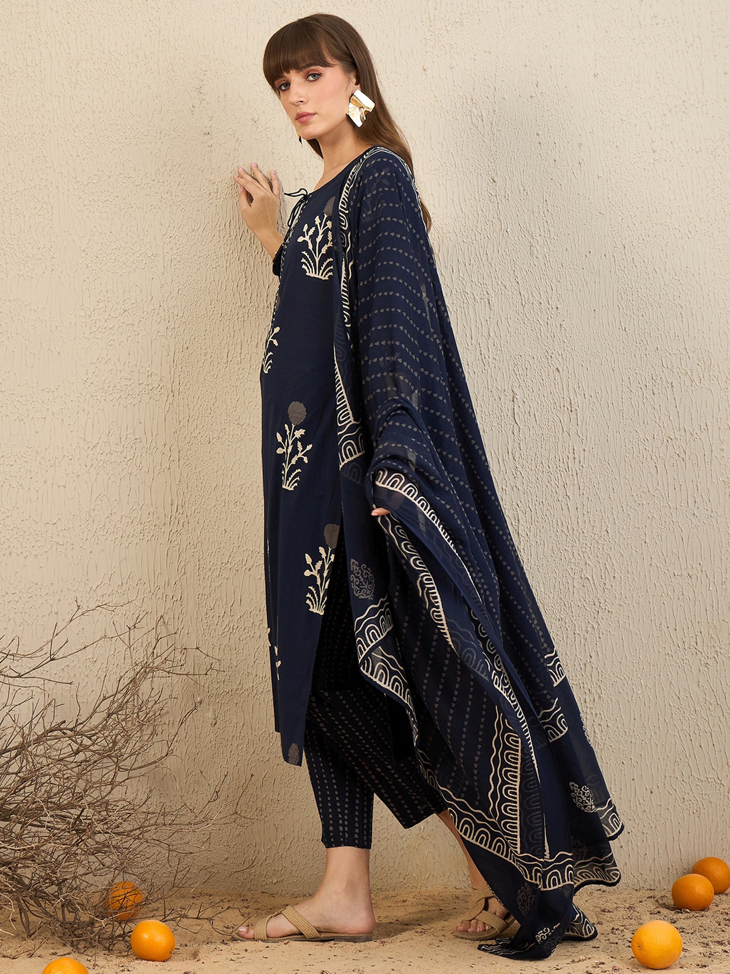 IE Navy Blue Printed Straight Kurta Trousers With Dupatta Set