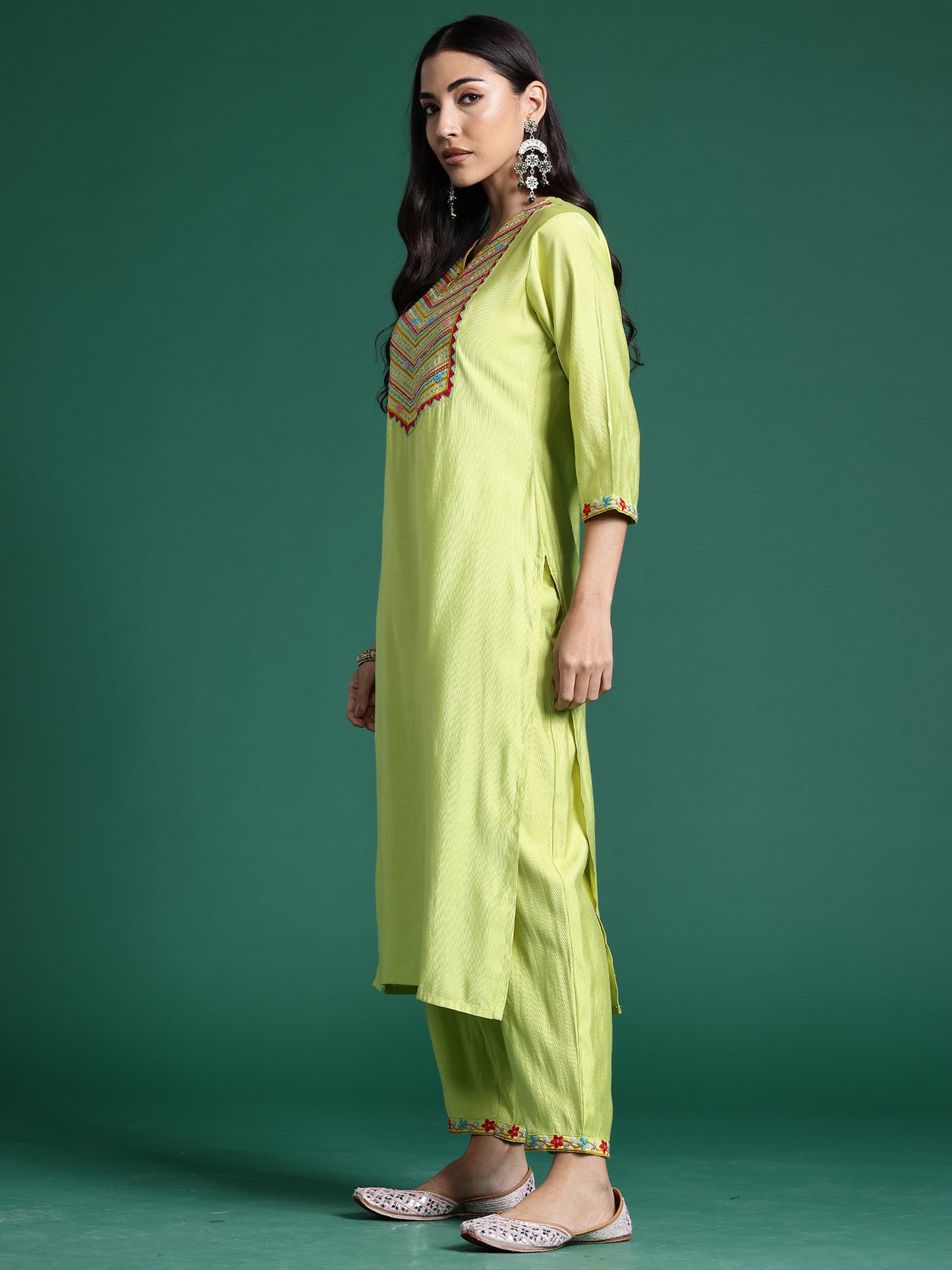 IE Green Embroidered Straight Kurta Trousers With Dupatta  Set