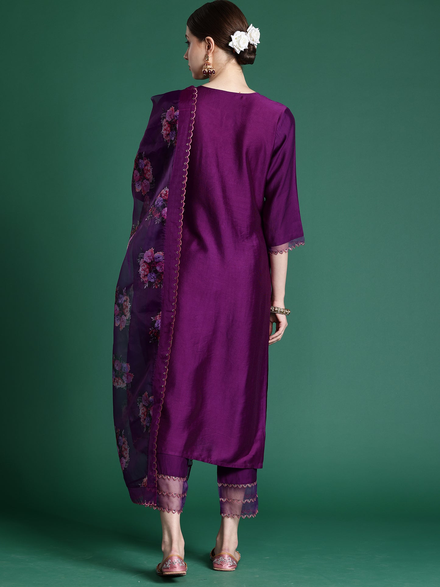 IE Purple Embroidered Straight Kurta Trousers set