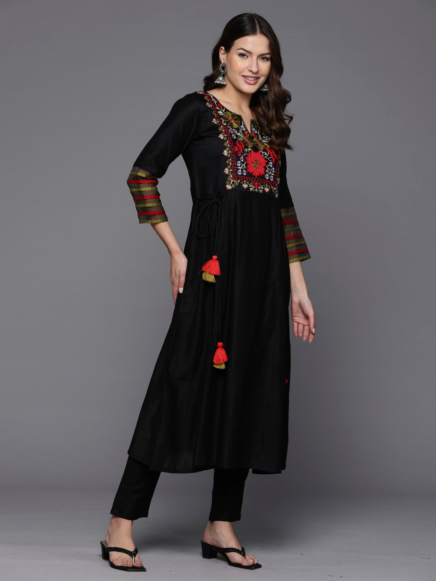 IE Black Embroidered A-Line Kurta Trousers  Set