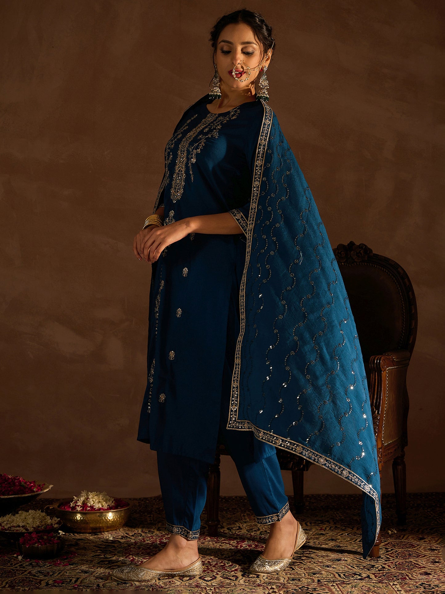 IE Teal Embroidered Straight Kurta Trousers With Dupatta set