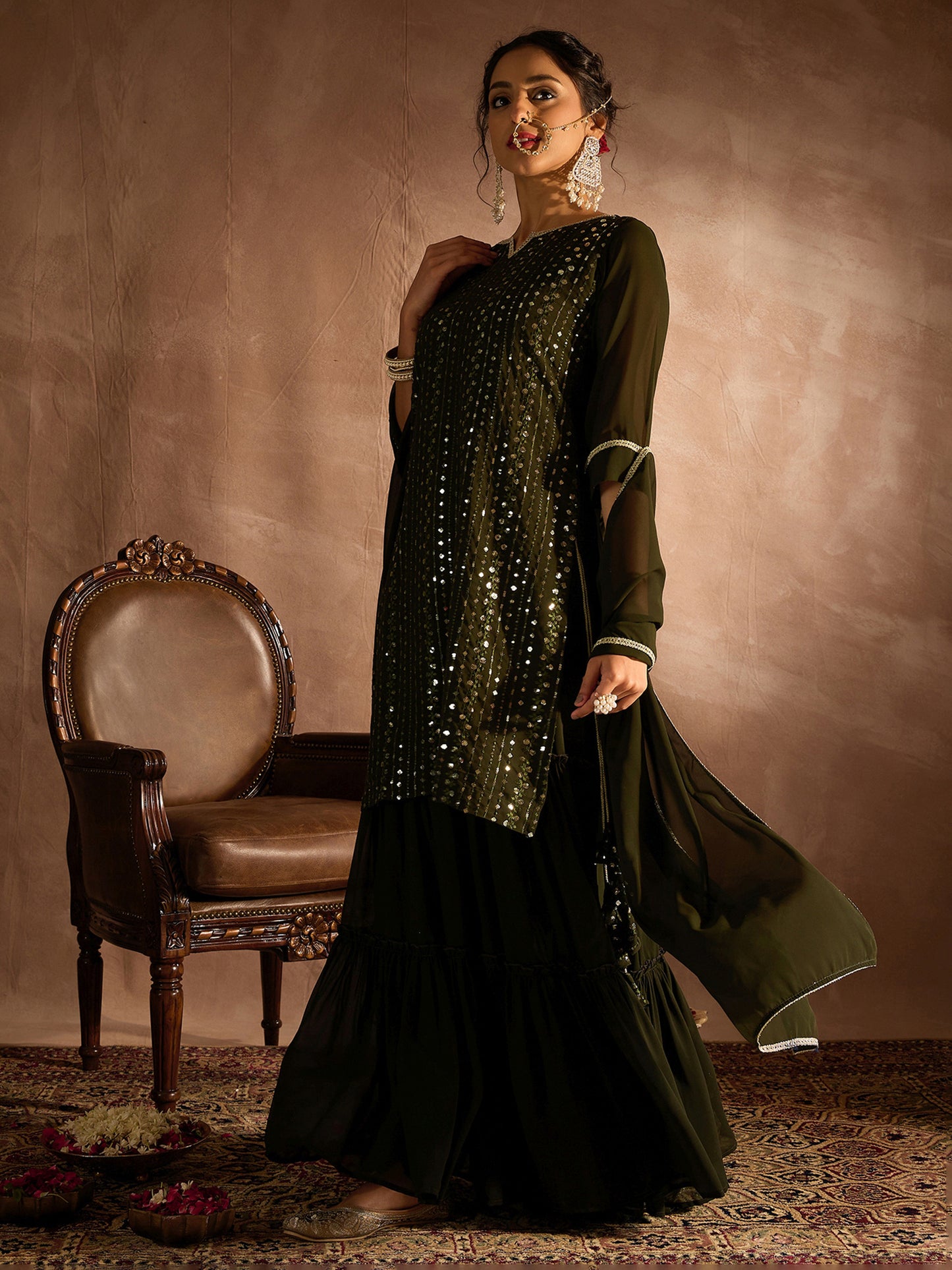 IE Green Embroidered Straight Kurta Sharara With Dupatta set