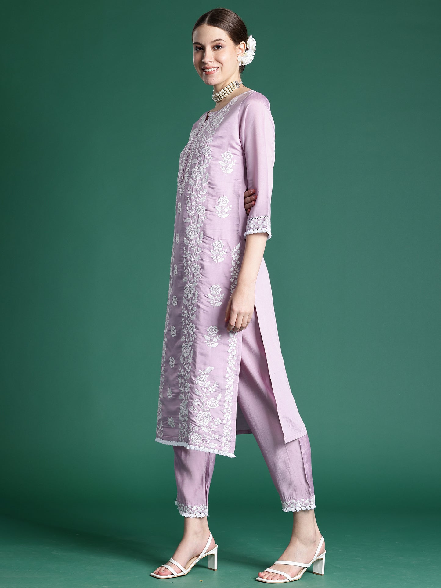 IE Lavender Embroidered Straight Kurta Trousers With Dupatta  Set