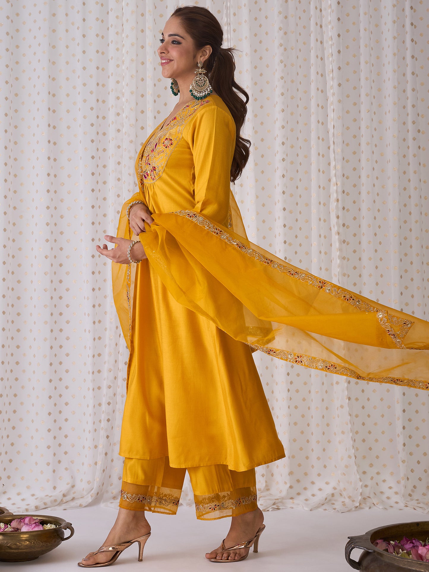 IE Yellow Embroidered A-Line Kurta Palazzos With Dupatta set