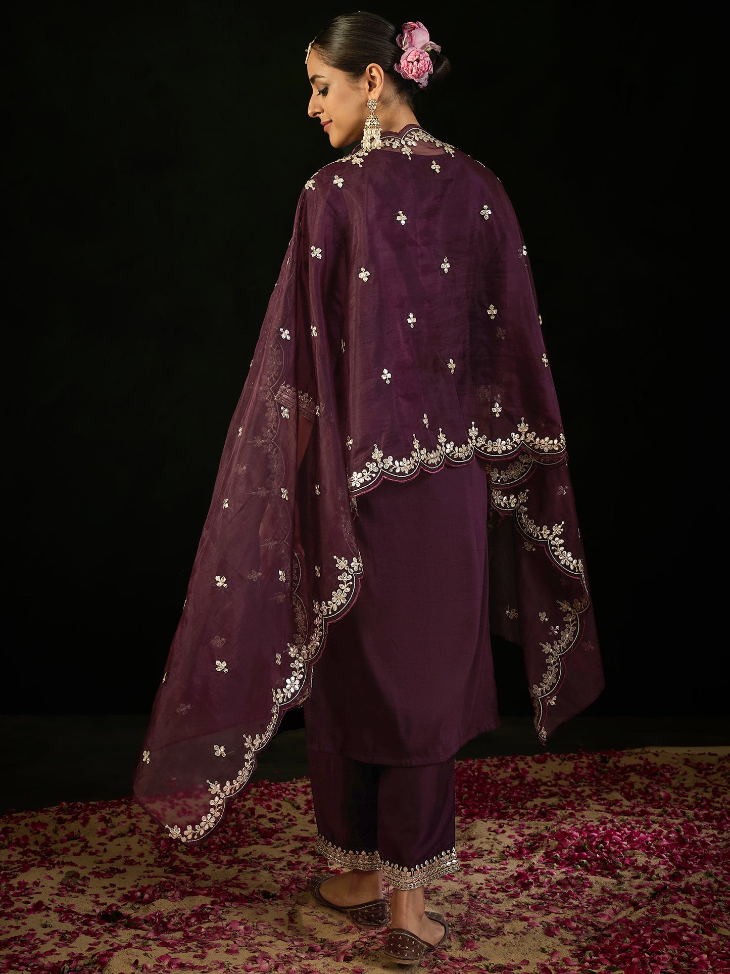 IE Burgundy Embroidered Straight Kurta Trousers With Dupatta set