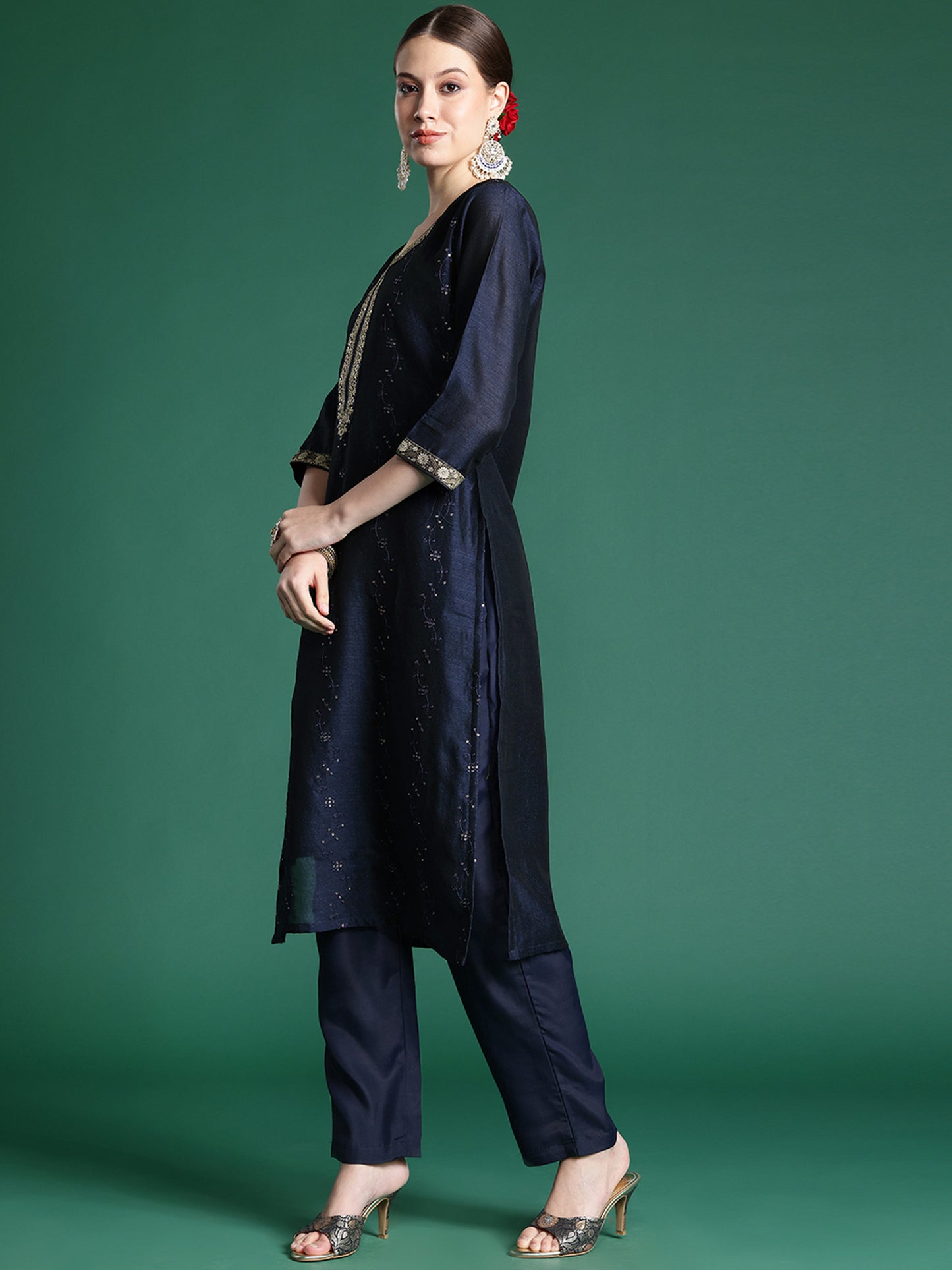 IE Blue Embroidered Straight Kurta Trousers With Dupatta set