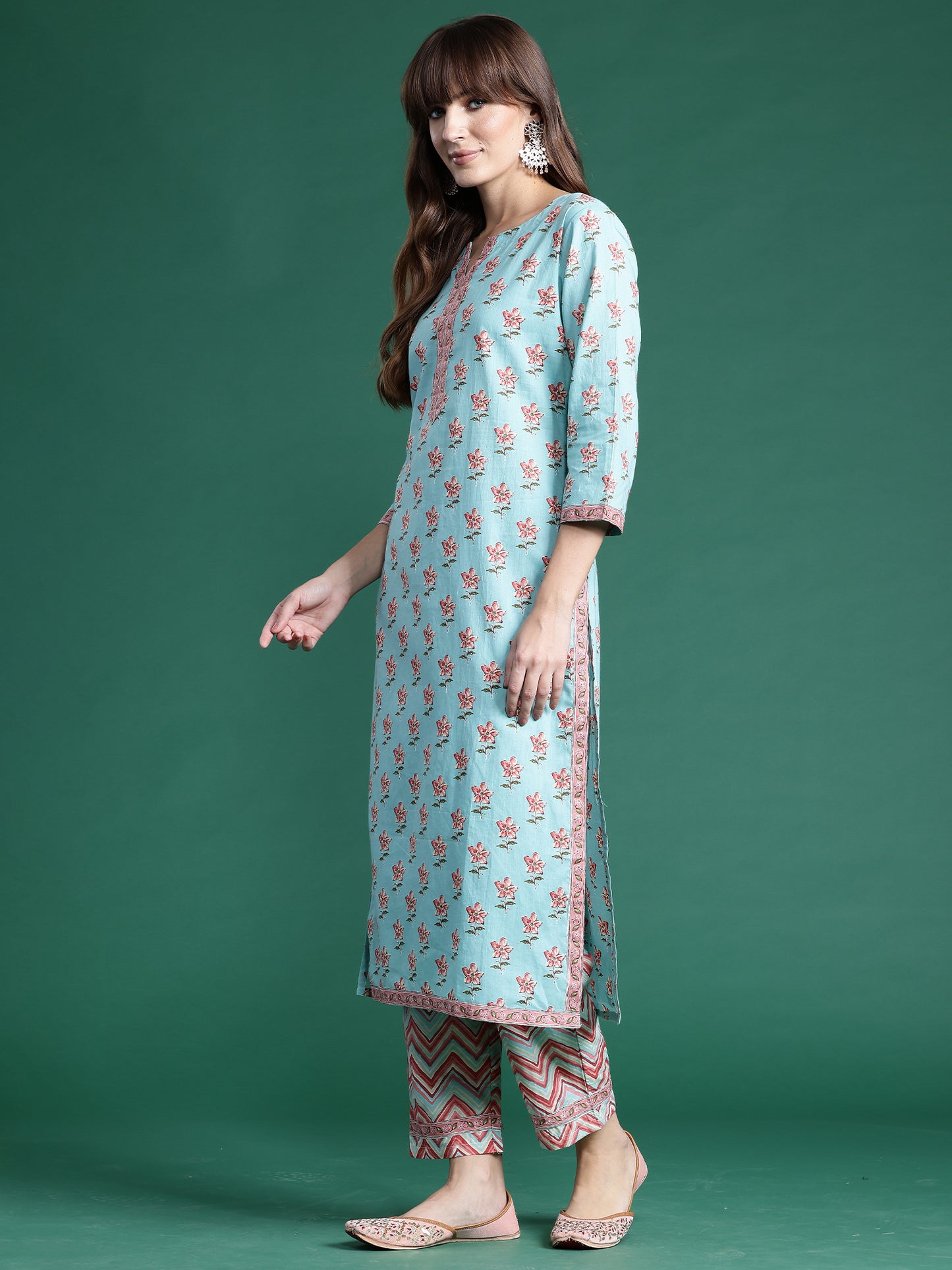 IE Blue Printed Straight Kurta Trousers With Dupatta set