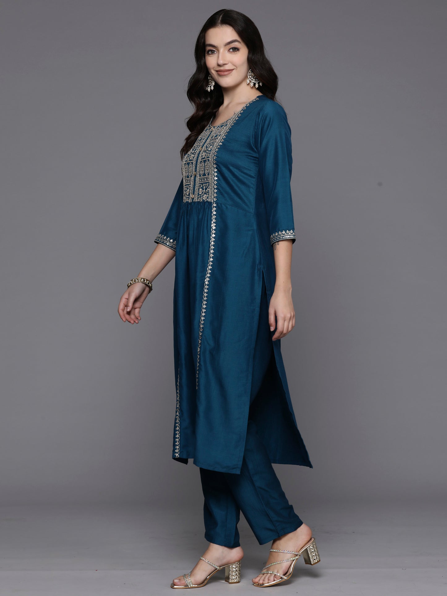 IE Teal Embroidered Straight Kurta Trousers With Dupatta Set