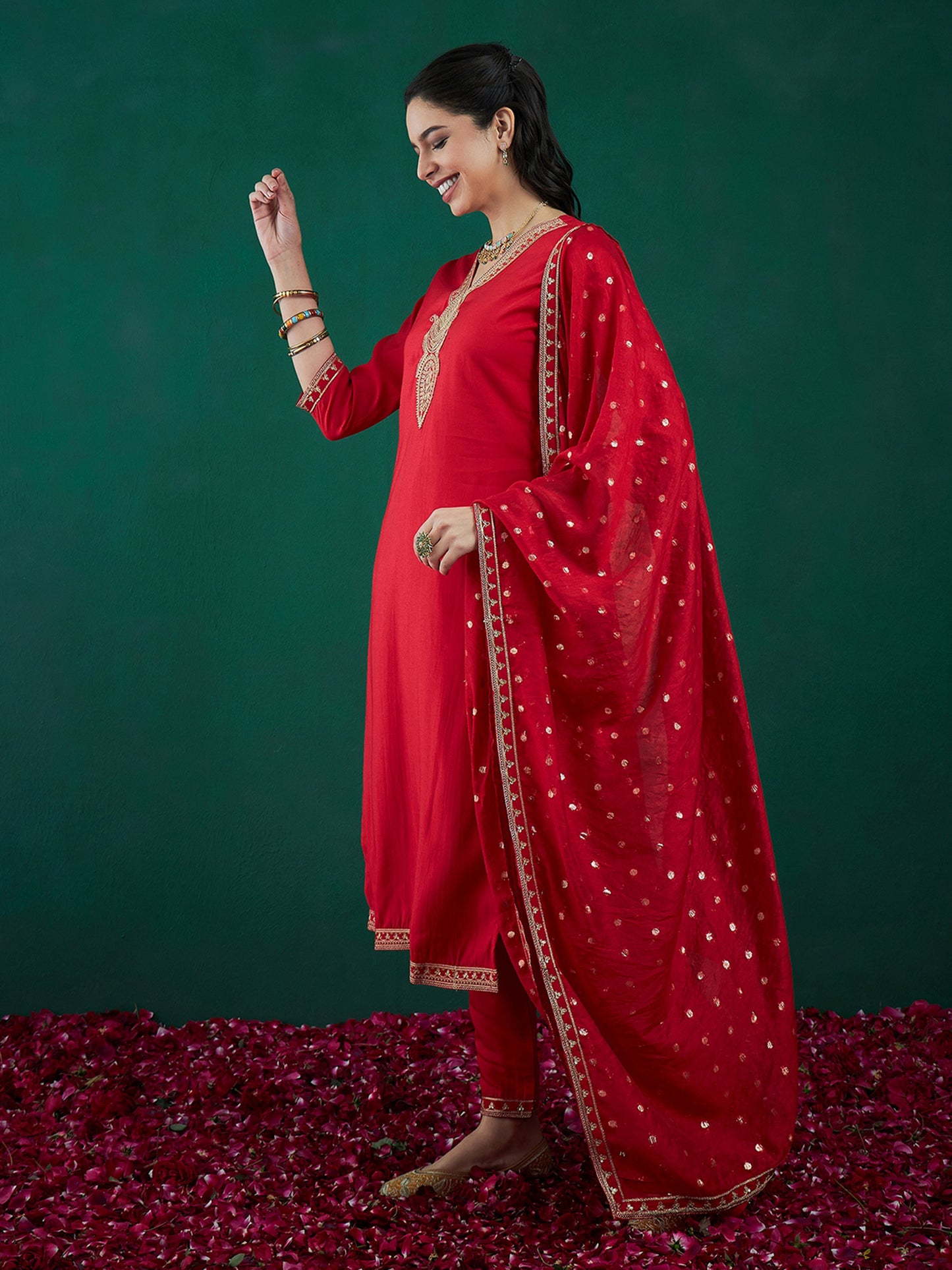 IE Red Embroidered Straight Kurta Trousers With Dupatta set