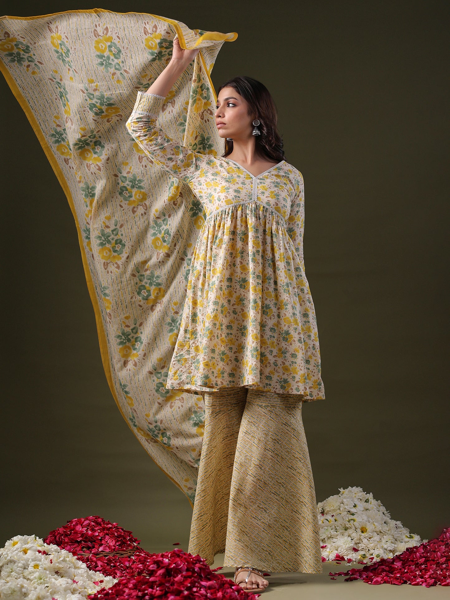 IE Beige Printed A-Line Kurta Sharara With Dupatta set