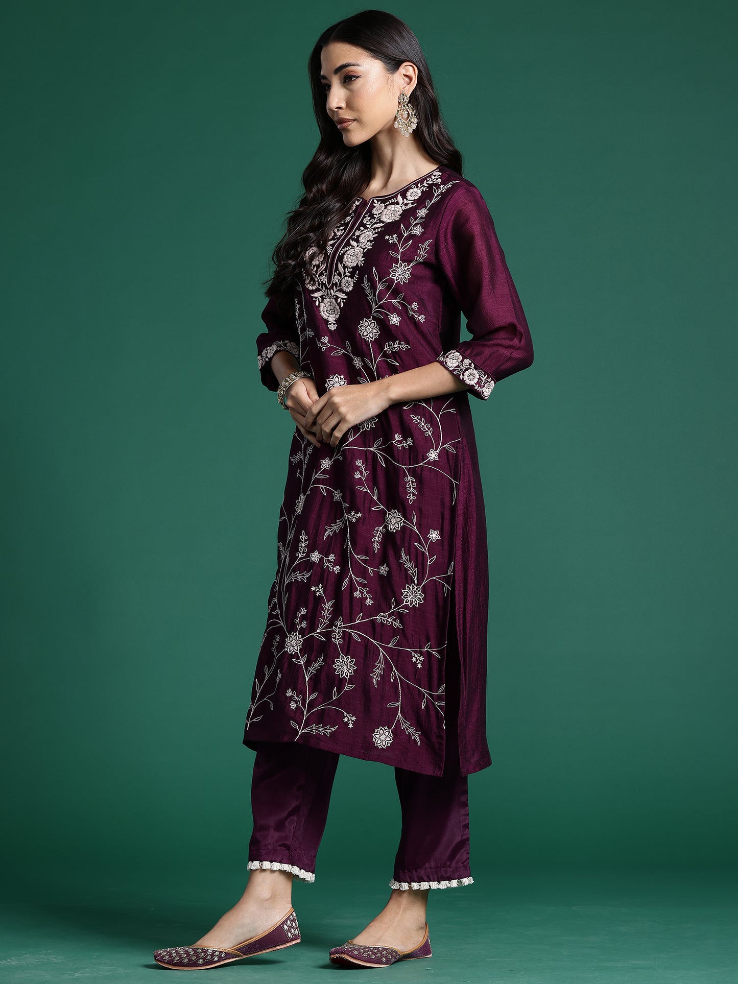 IE Burgandy Straight Embroidered Kurta Trousers With Dupatta Set