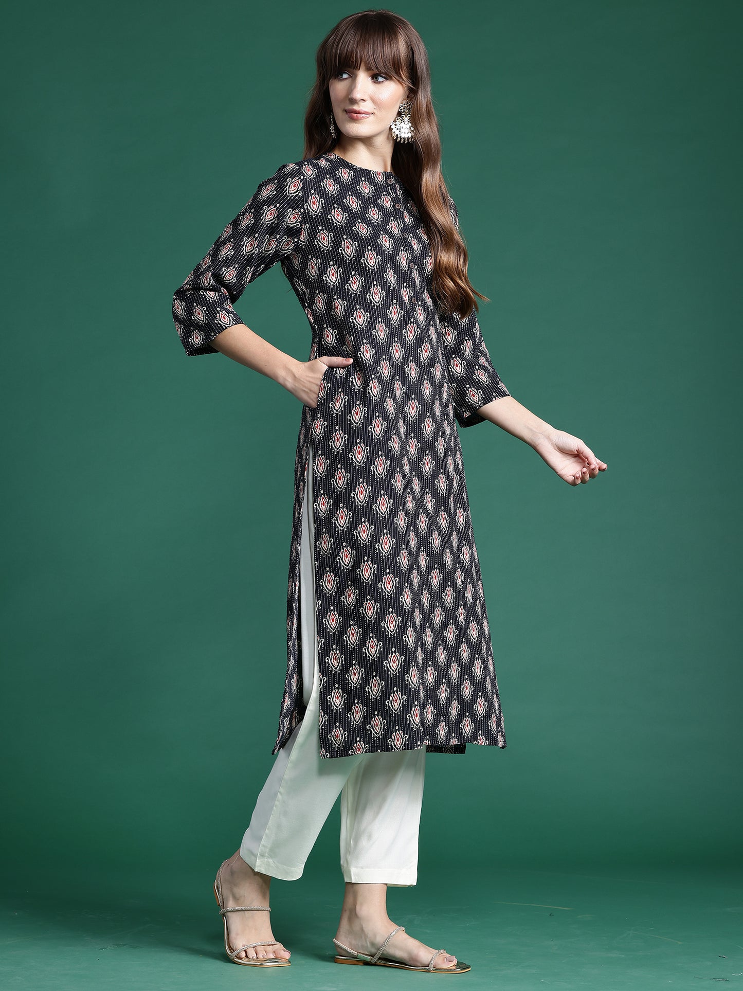 IE Black Printed Straight Kurtas