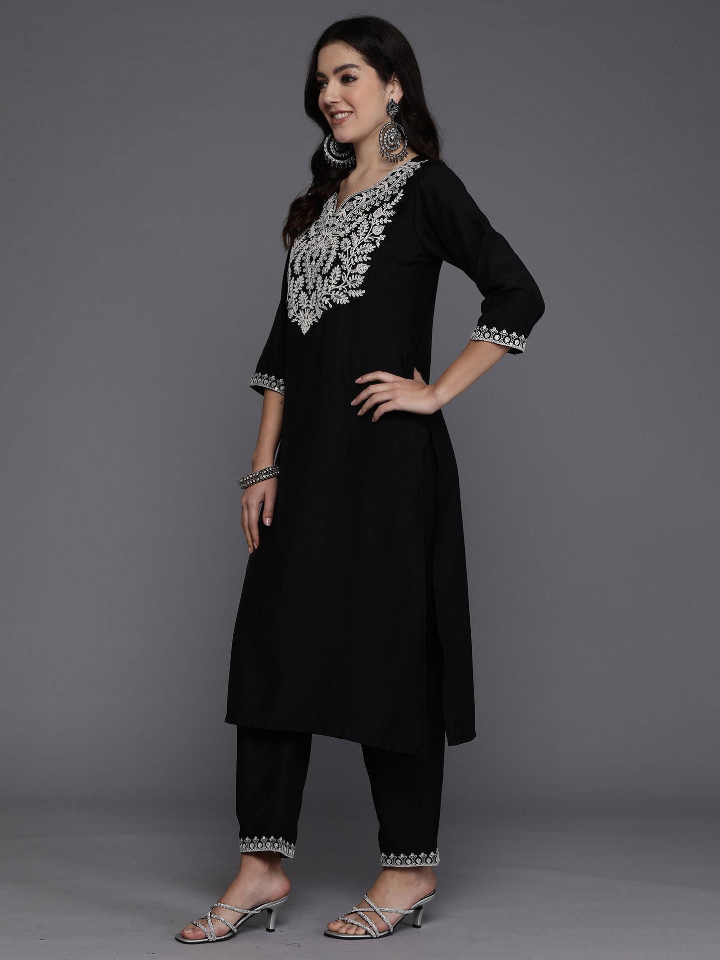 IE Black Embroidered Straight Kurta Trousers With Dupatta set