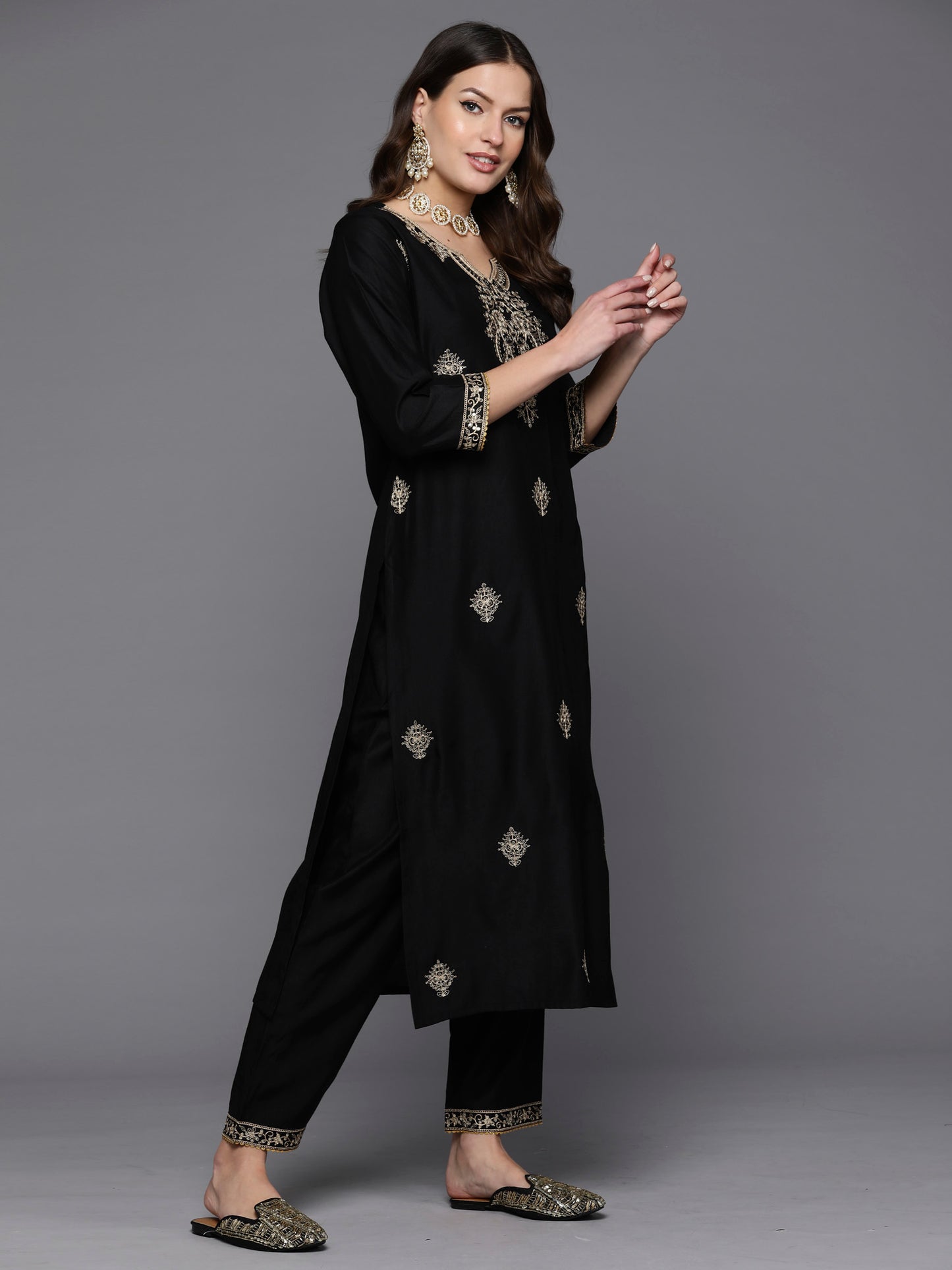 IE Black Embroidered Straight Kurta Trousers With Dupatta Set