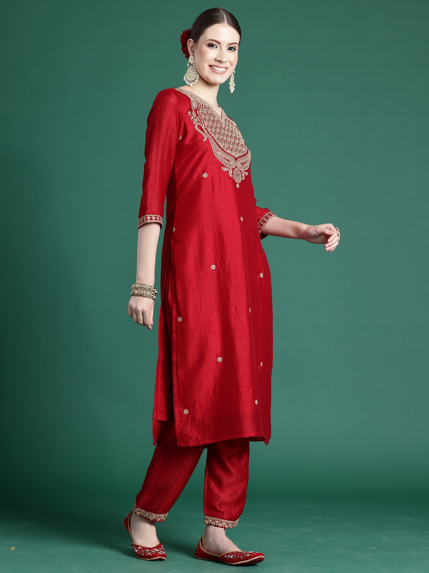 IE Red Embroidered Straight Kurta Palazzos With Dupatta set