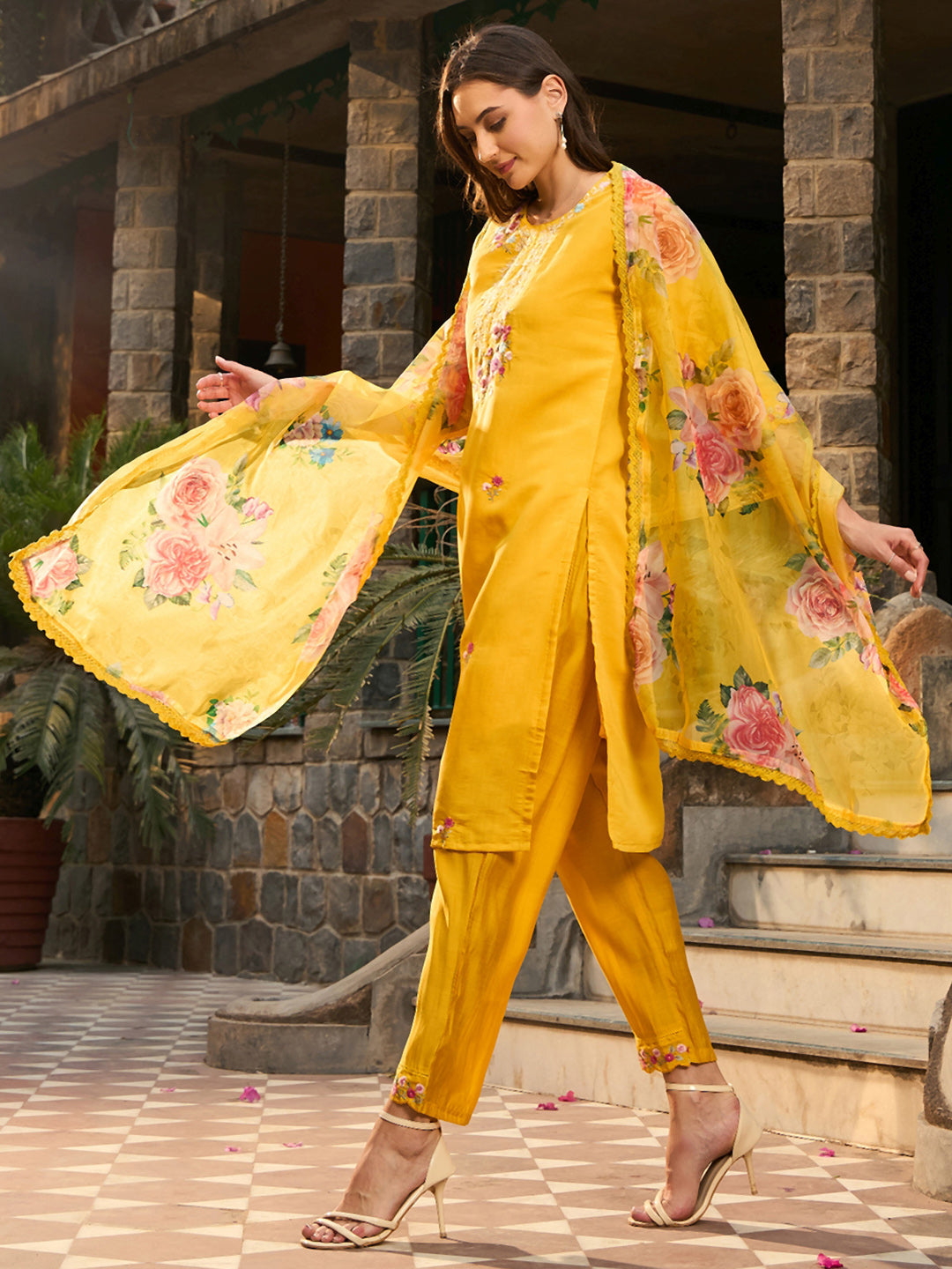 IE Yellow Embroidered Straight Kurta Trousers With Dupatta set