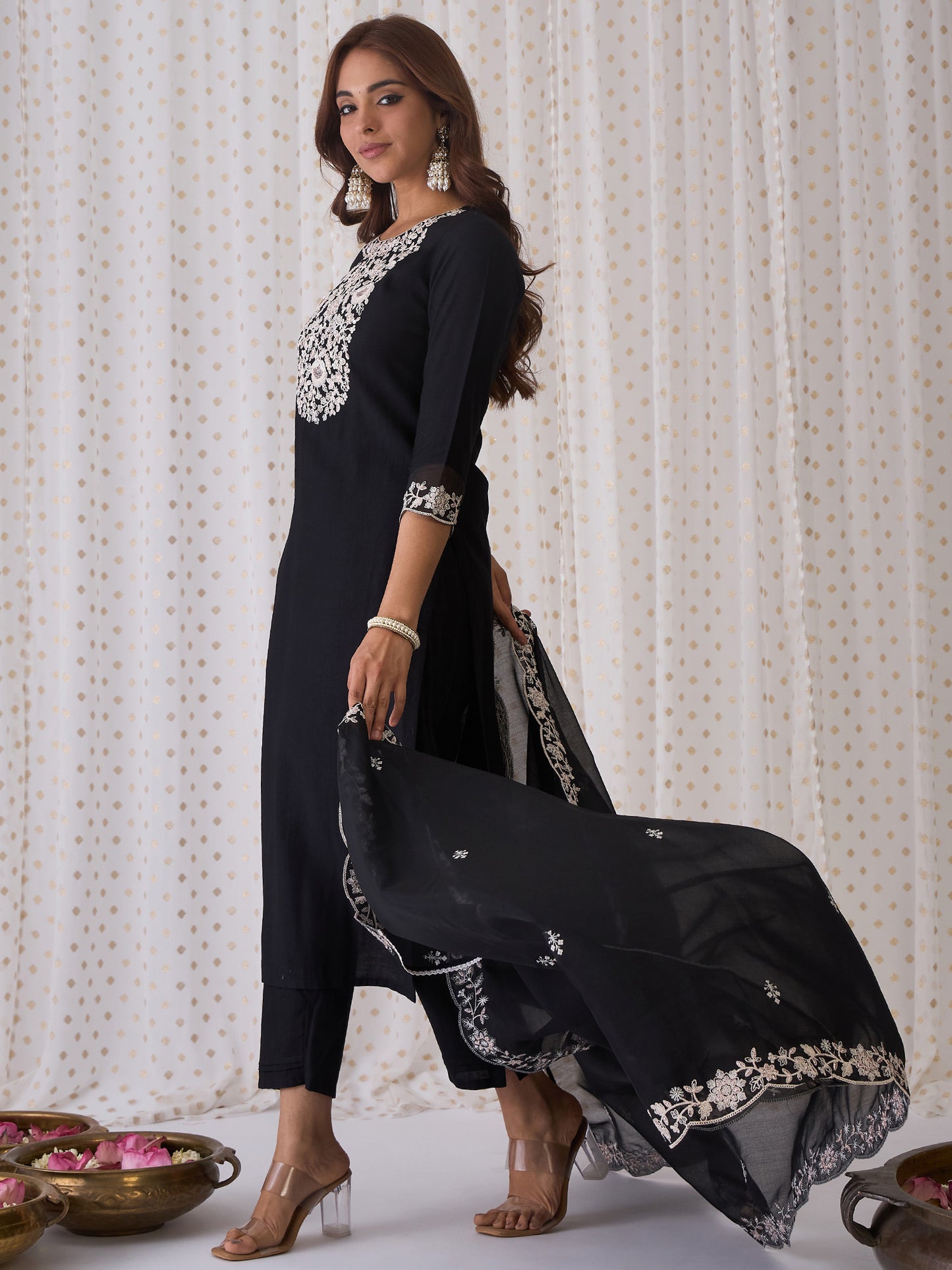 IE Black Embroidered Straight Kurta Trousers With Dupatta  Set