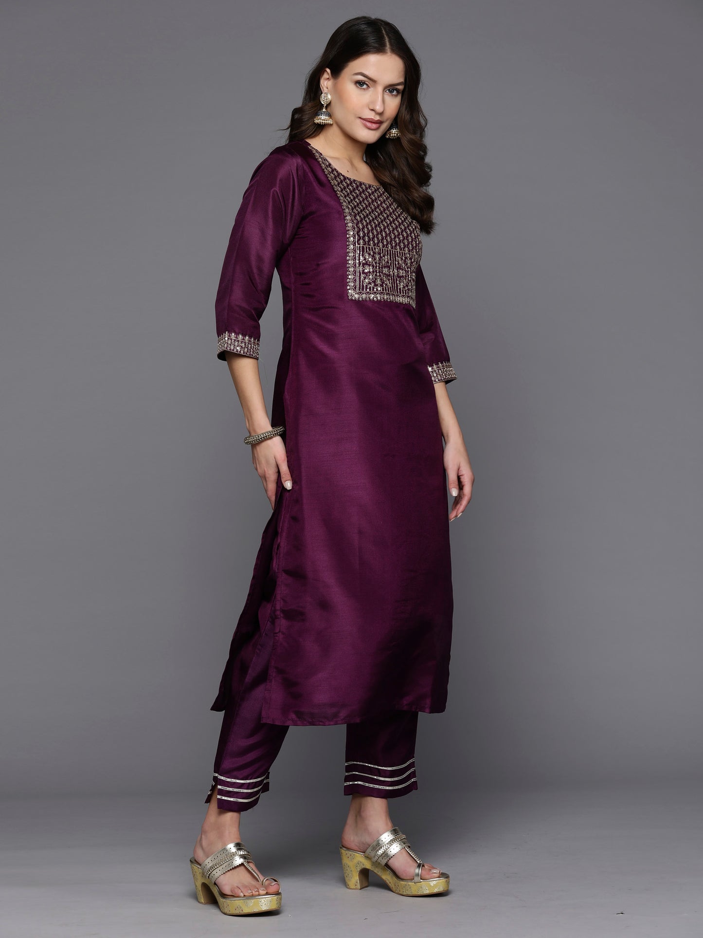 IE Burgundy Embroidered Straight Kurta Trousers With Dupatta Set