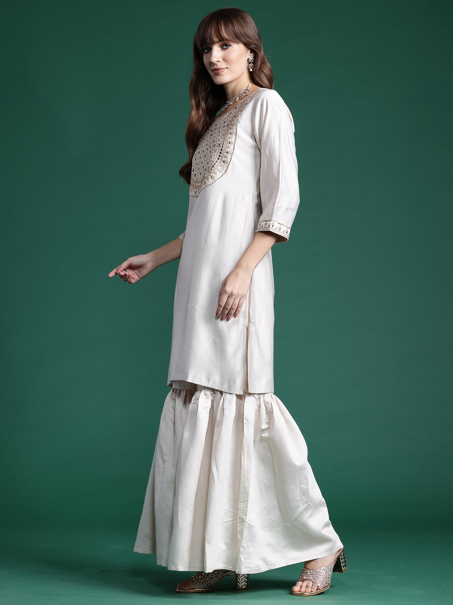 IE Off White Embroidered Straight Kurta Sharara With Dupatta  Set