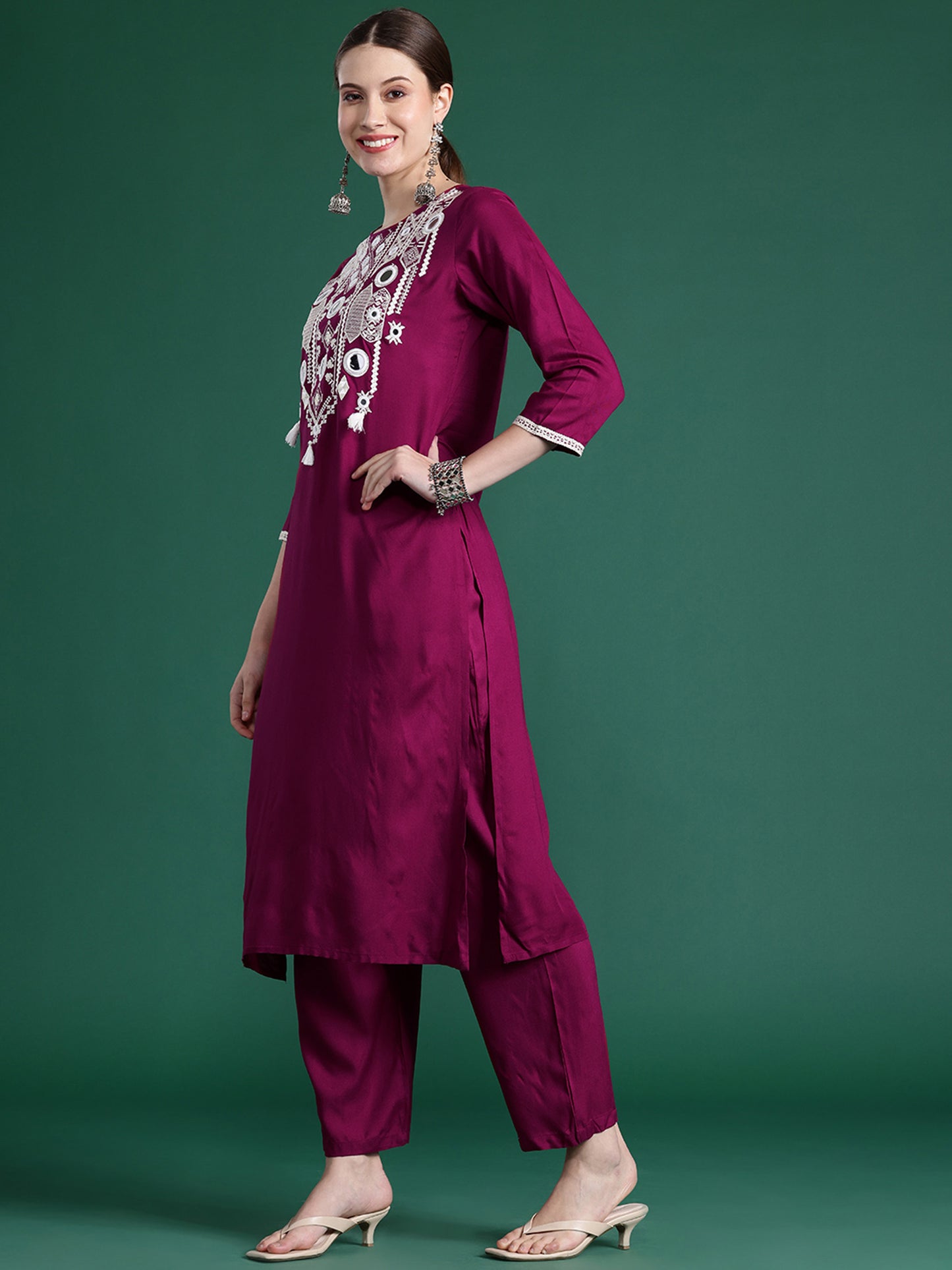 IE Burgundy Embroidered Straight Kurta Trousers With Dupatta set