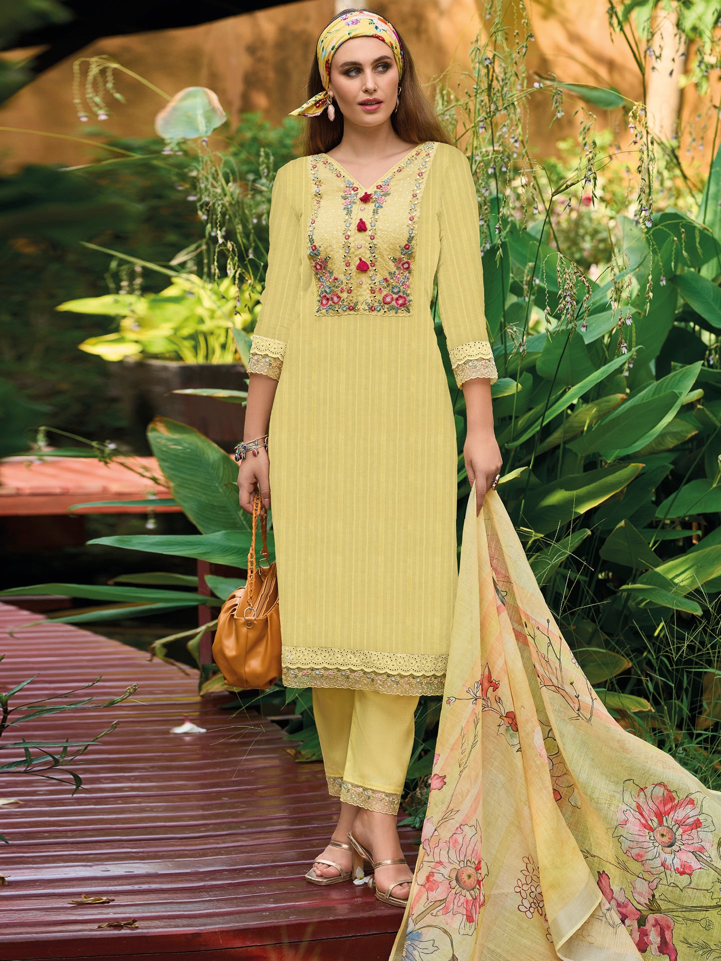 IE Yellow Embroidered Straight Kurta Trousers With Dupatta set