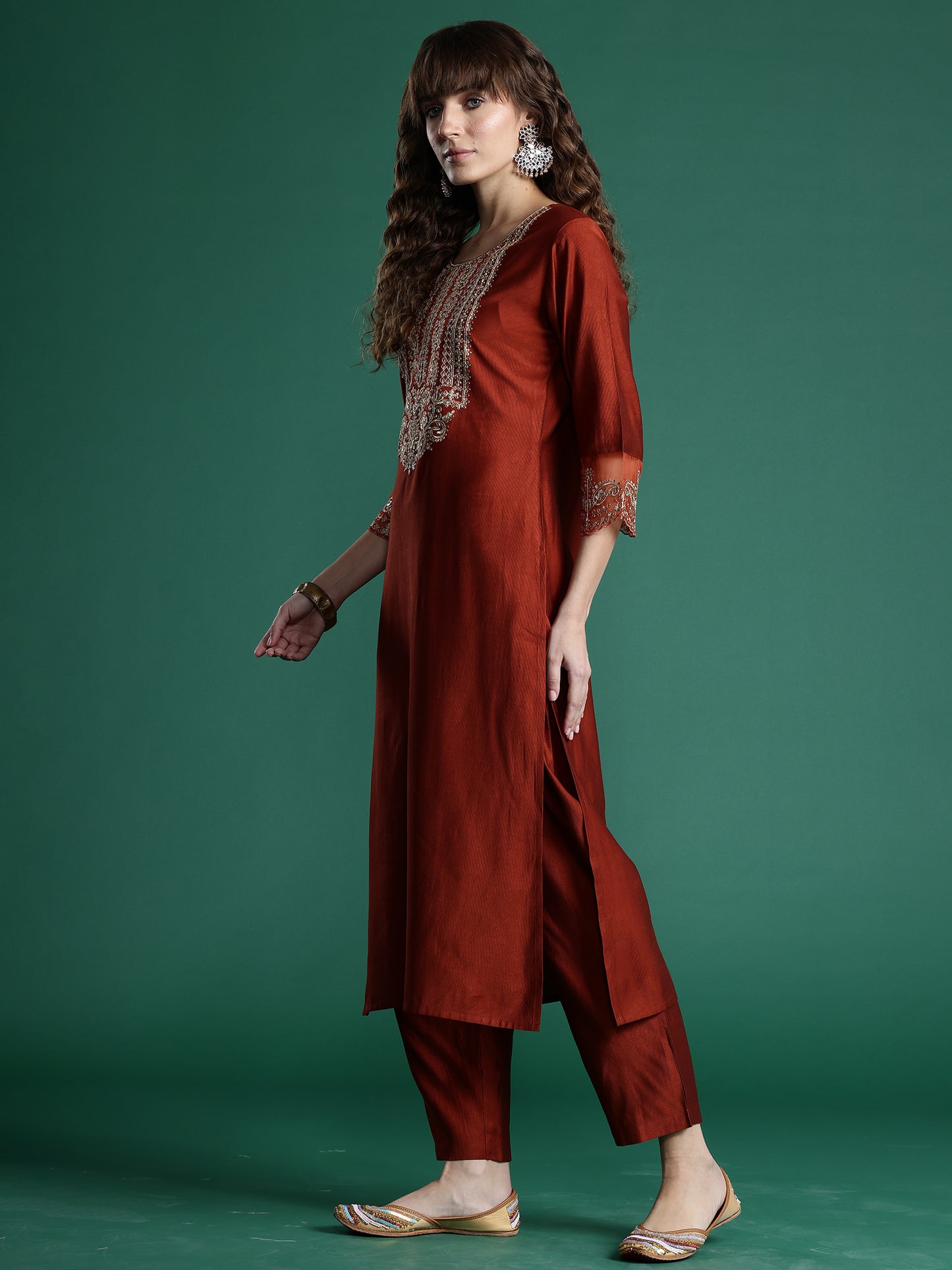 IE Rust Embroidered Straight Kurta Trousers With Dupatta set