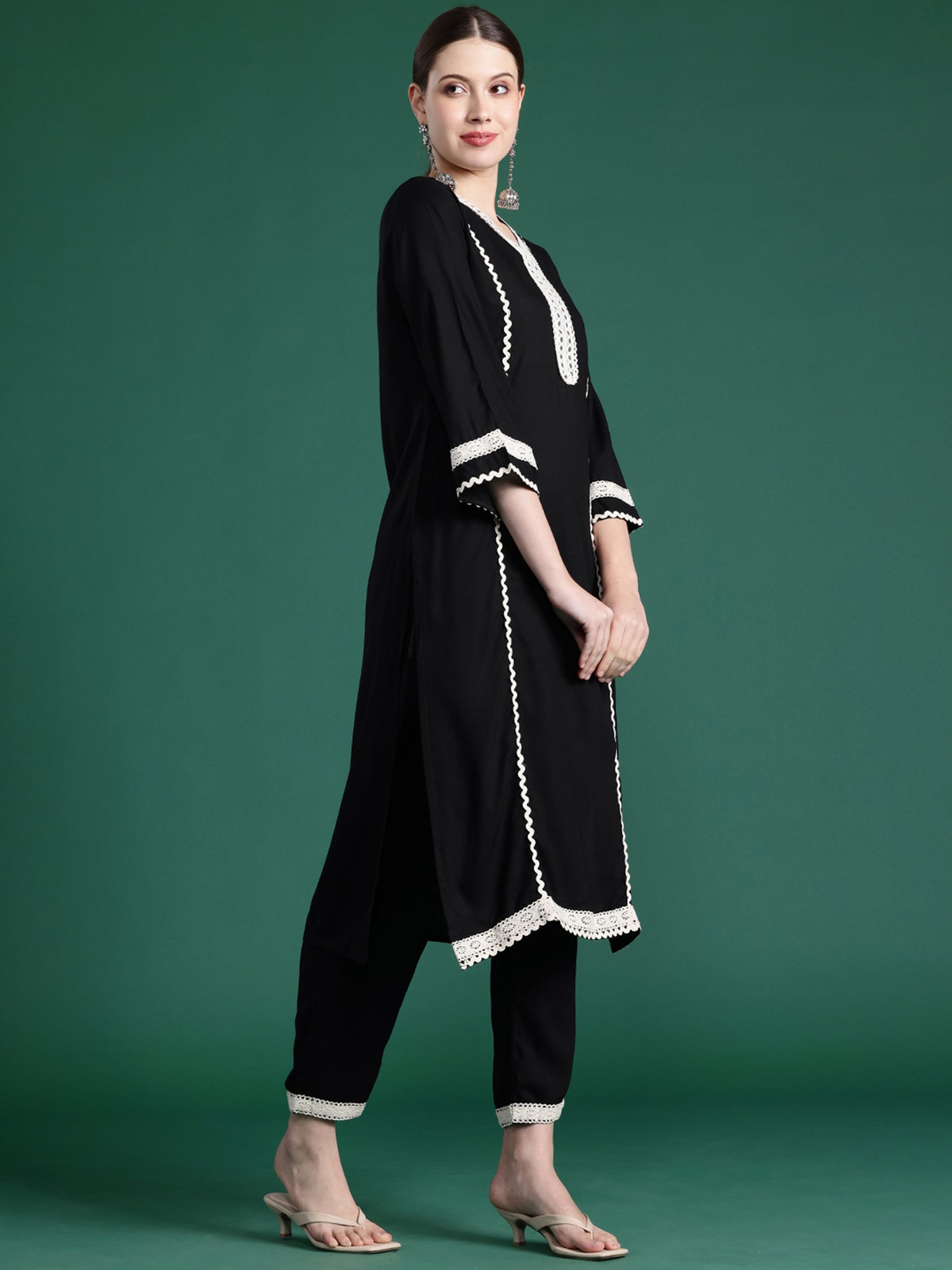 IE Black Embroidered Straight Kurta Trousers With Dupatta set