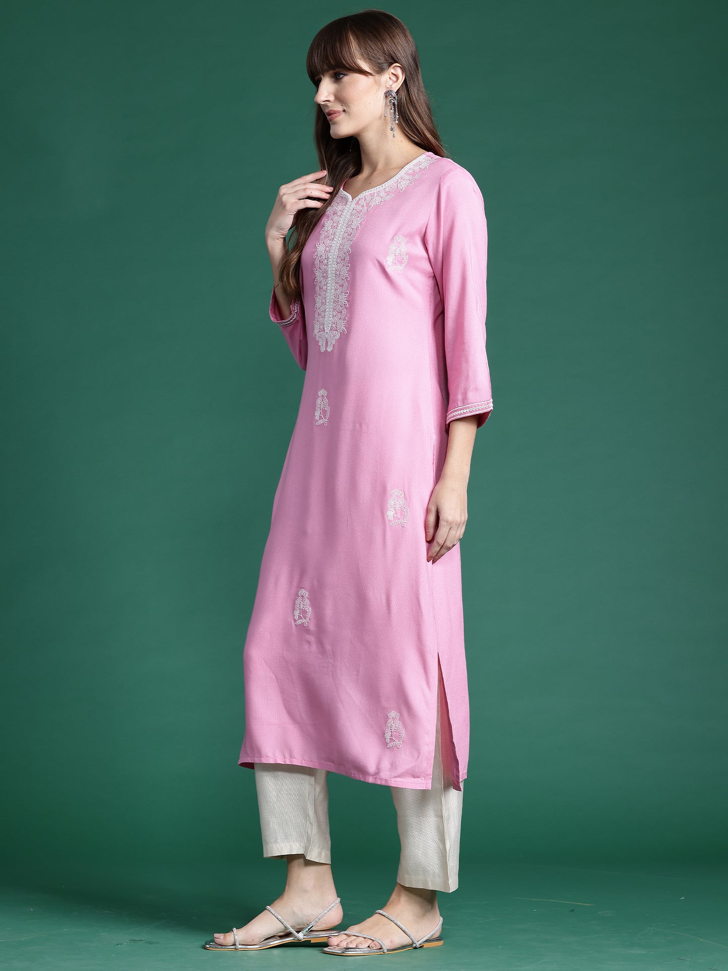 IE Pink Embroidered Straight Kurtas