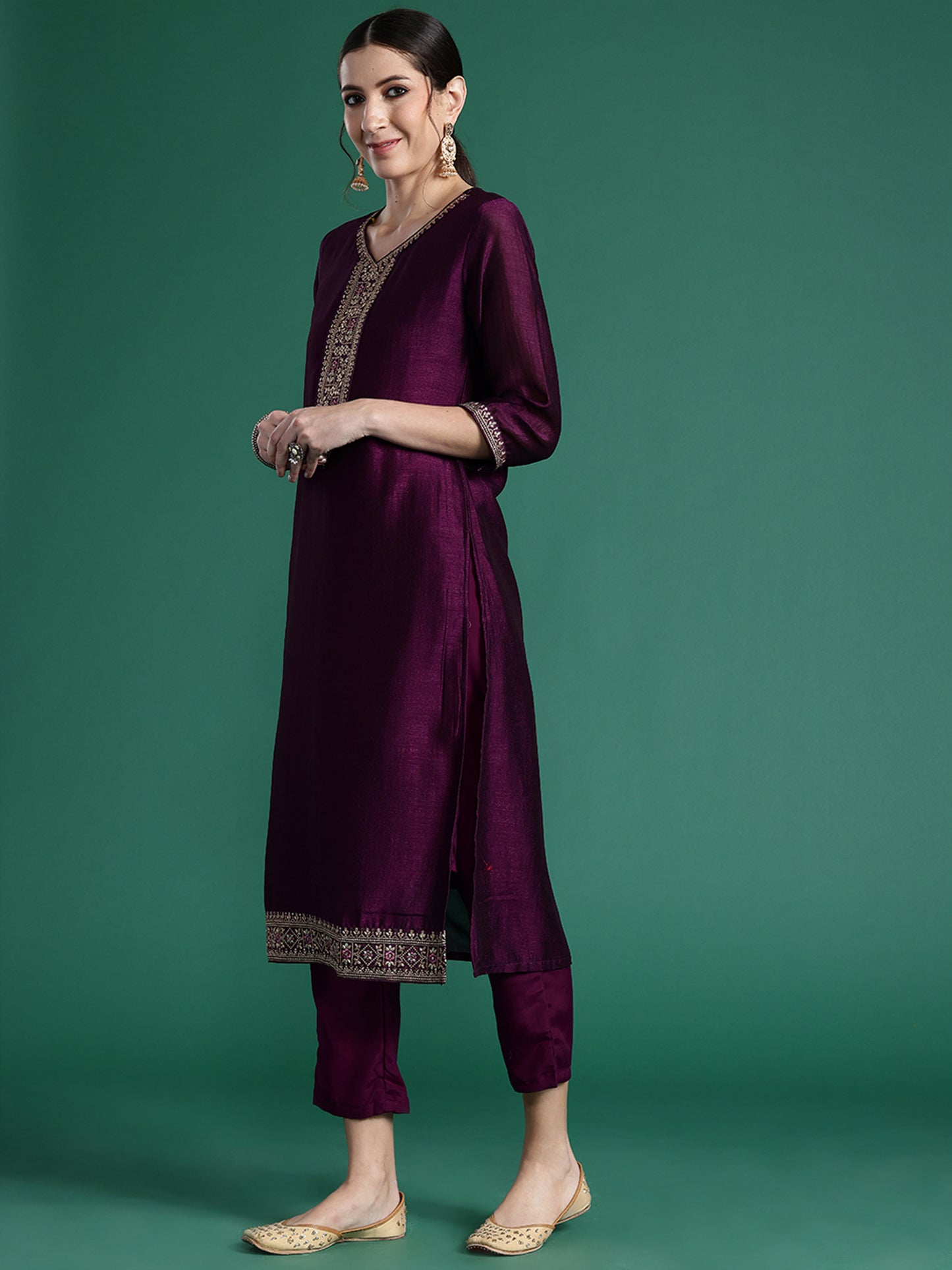 IE Burgundy Embroidered Straight Kurta Trousers With Dupatta set