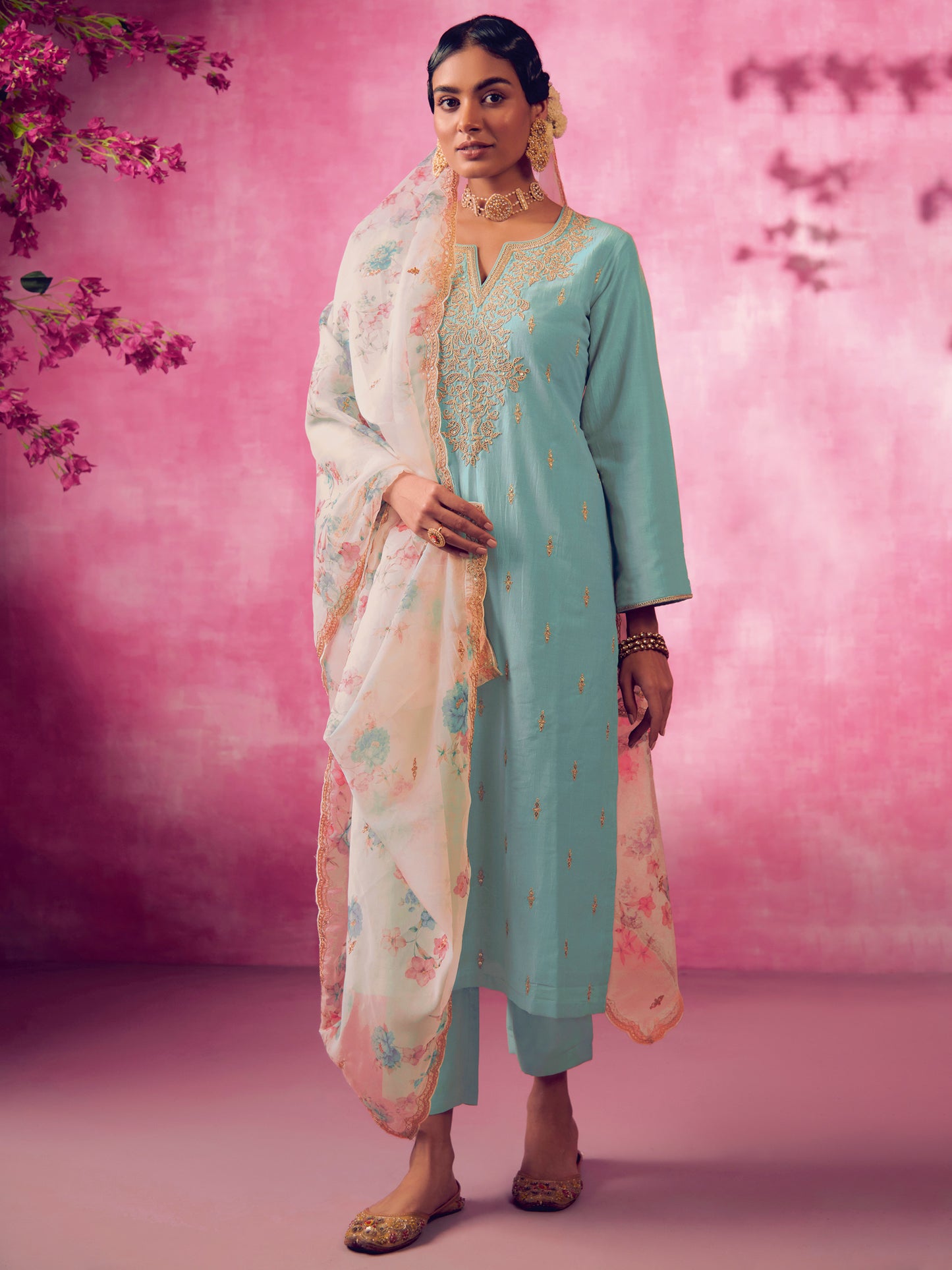 IE Blue Embroidered Straight Kurta Trousers With Dupatta set