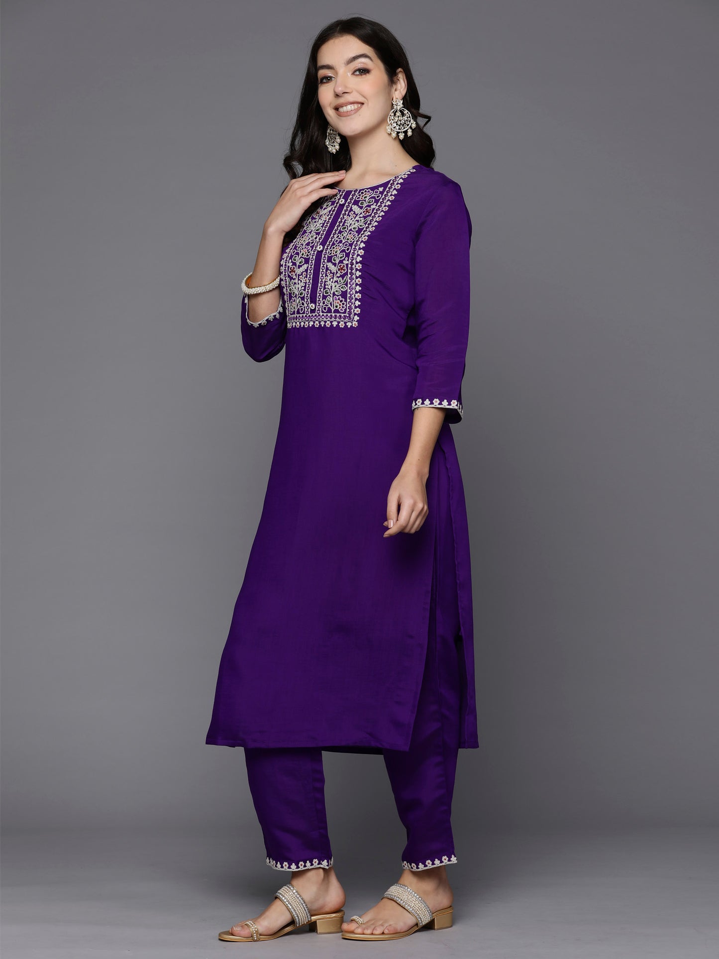 IE Purple Embroidered Straight Kurta Trousers With Dupatta set