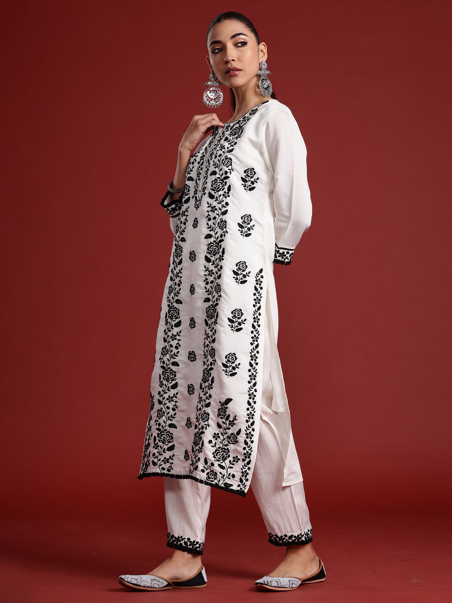 IE White Embroidered Straight Kurta Trousers With Dupatta  Set