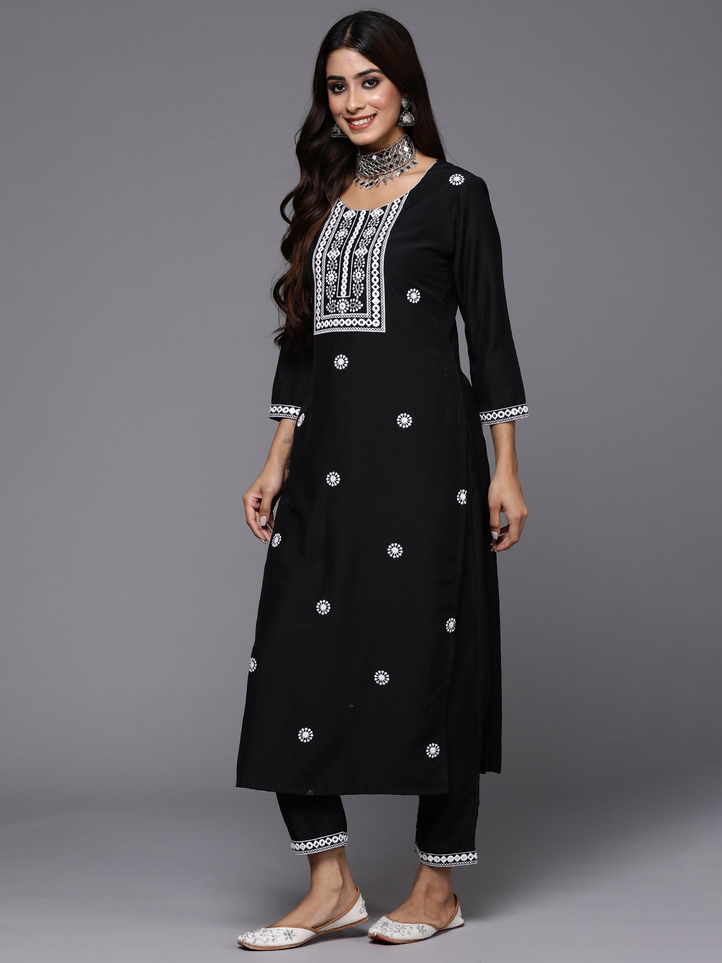 IE Black Embroidered Straight Kurta Trousers With Dupatta Set