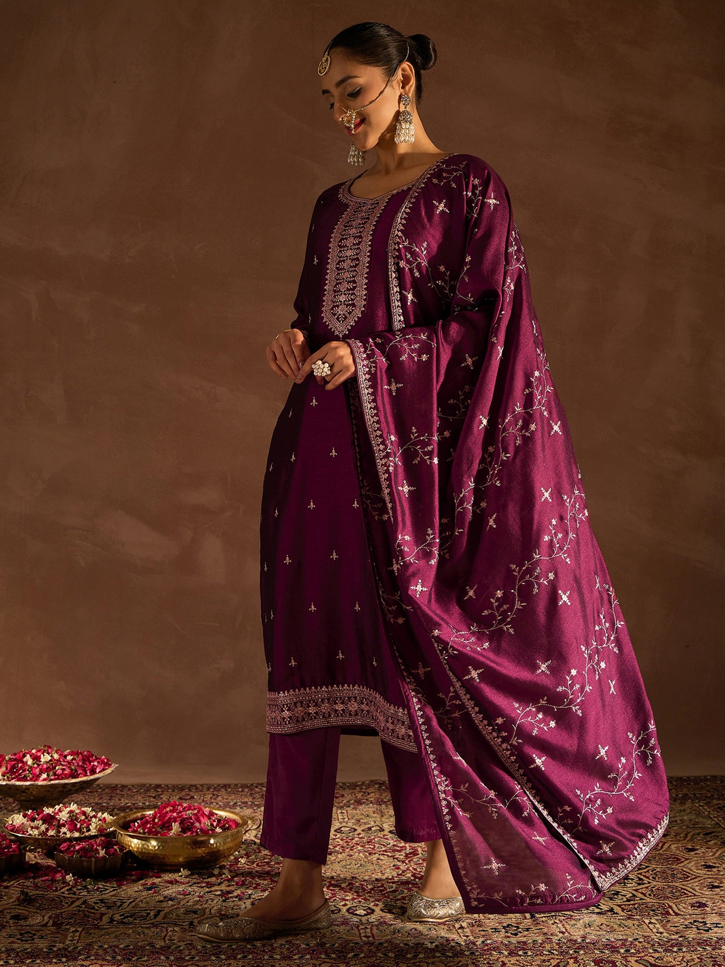 IE Burgundy Embroidered Straight Kurta Trousers With Dupatta set