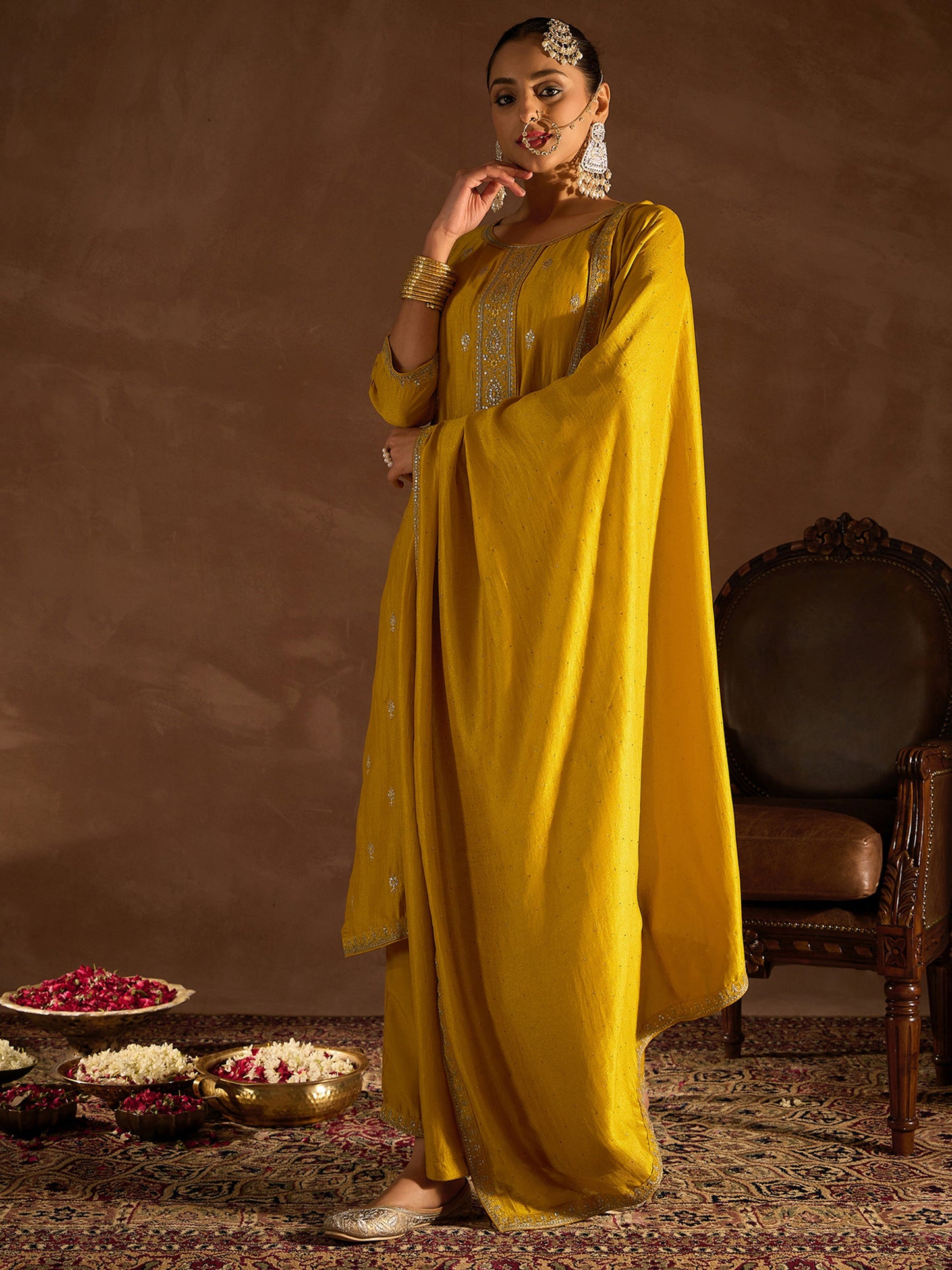 IE Yellow Embroidered Straight Kurta Trousers With Dupatta set