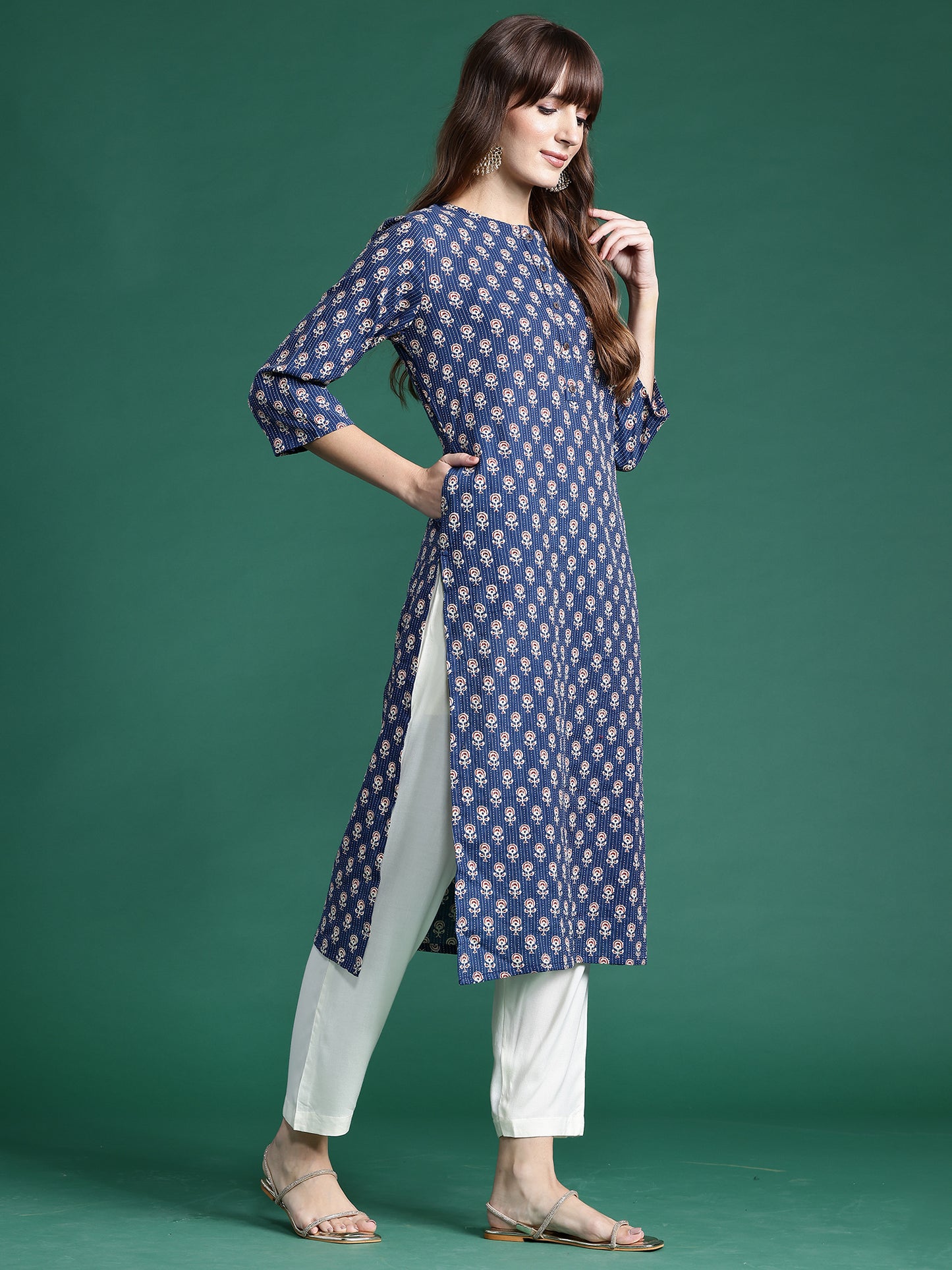 IE Blue Printed Straight Kurtas