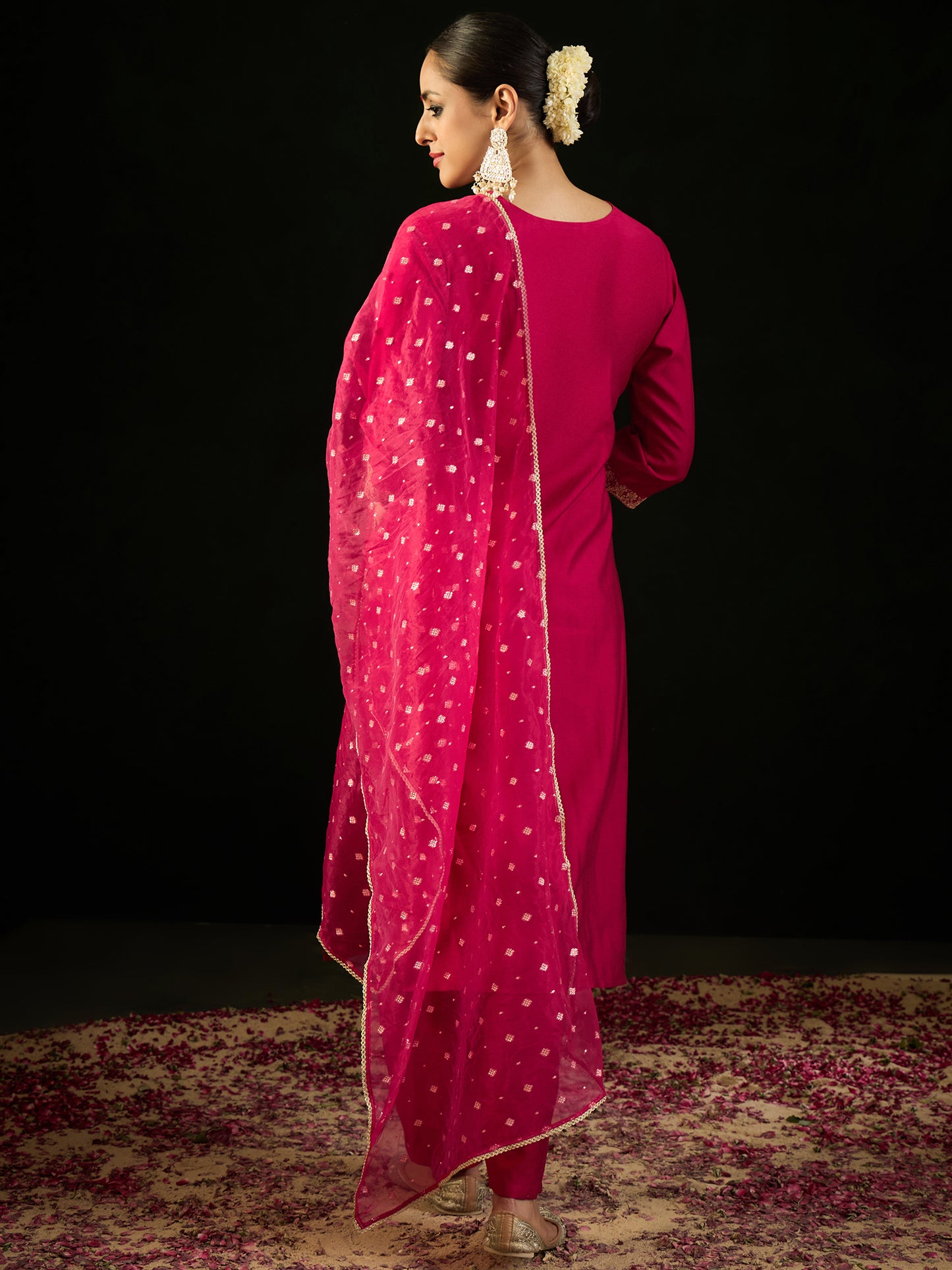 IE Pink Embroidered Straight Kurta Trousers With Dupatta set