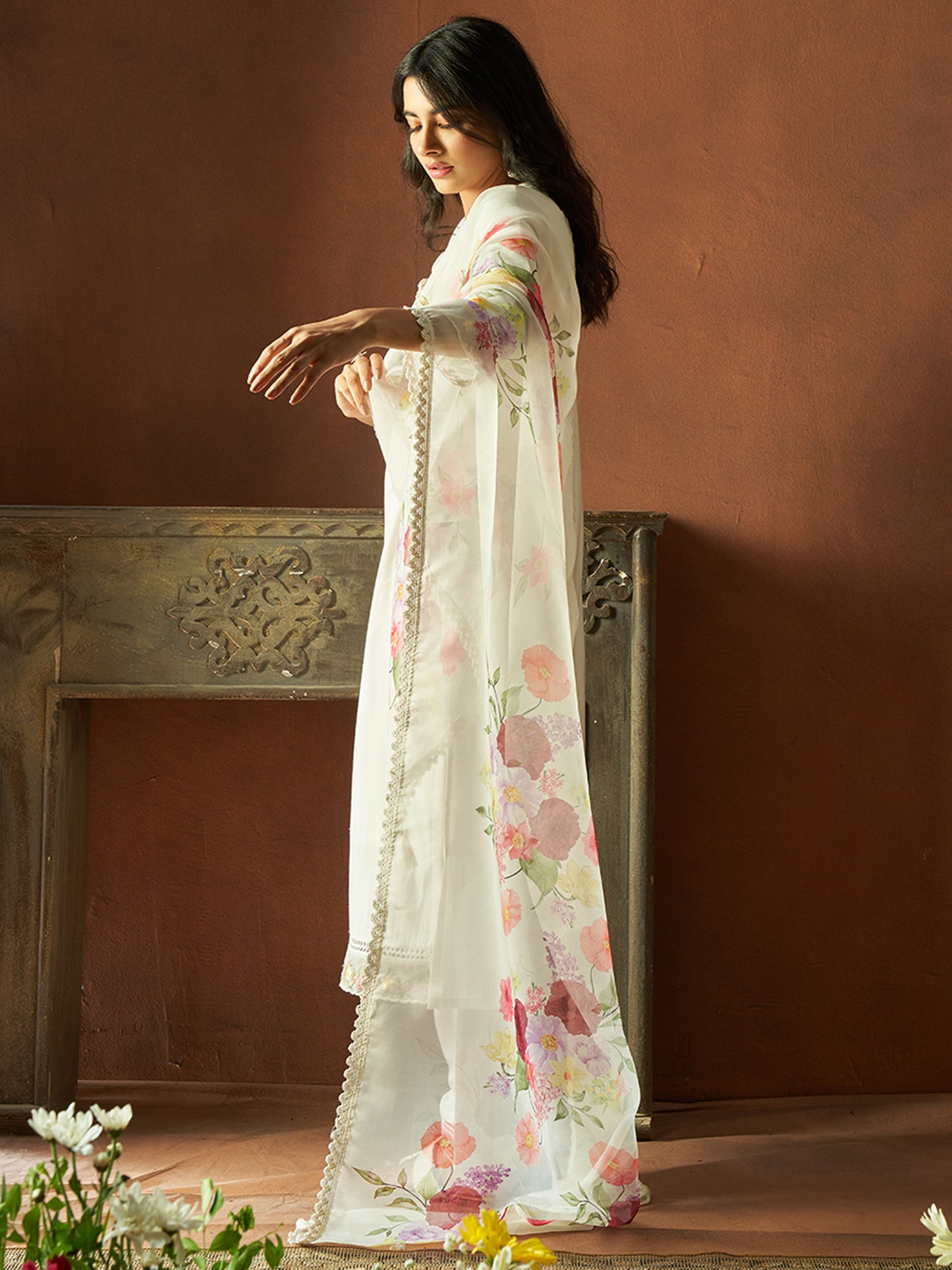 IE White Embroidered Straight Kurta Trousers With Dupatta set