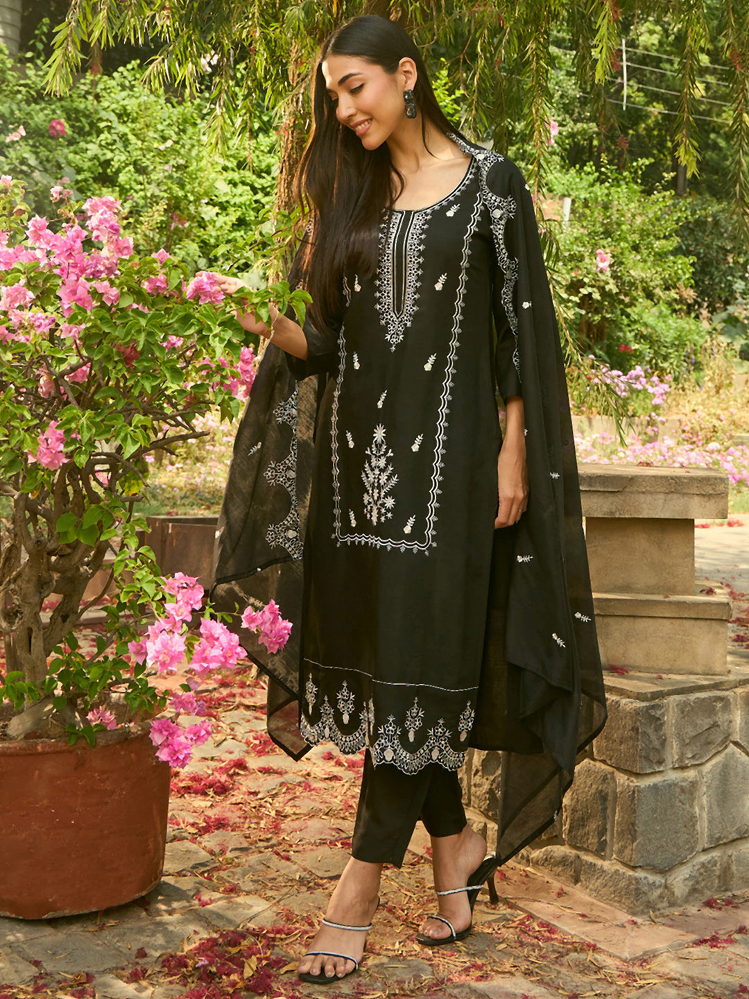 IE Black Embroidered Straight Kurta Trousers With Dupatta set