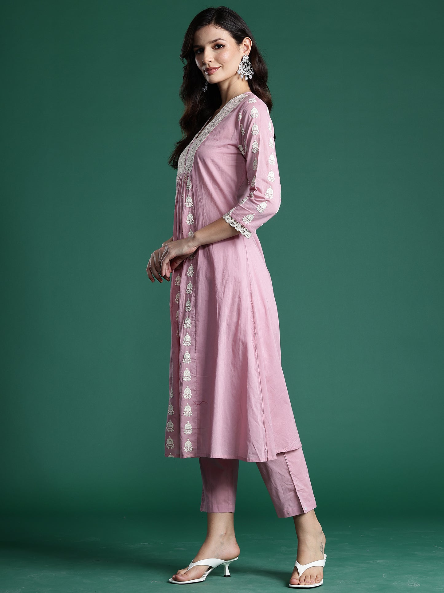 IE Pink Embroidered A-Line Kurta Trousers With Dupatta set